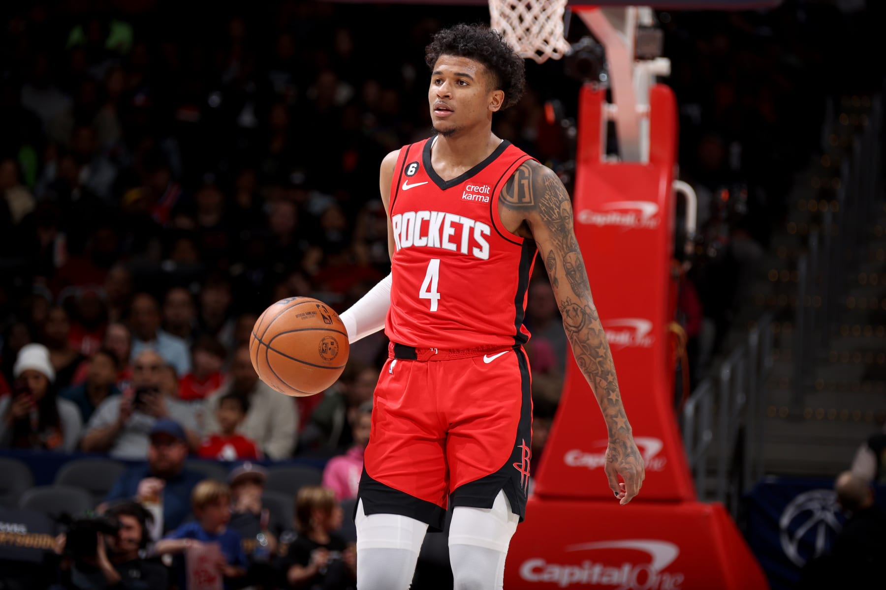 WASHINGTON, DC -  APRIL 9: Jalen Green #4 of the Houston Rockets handles the ball during the game against the Washington Wizards on April 9, 2023 at Capital One Arena in Washington, DC. NOTE TO USER: User expressly acknowledges and agrees that, by downloading and or using this Photograph, user is consenting to the terms and conditions of the Getty Images License Agreement. Mandatory Copyright Notice: Copyright 2023 NBAE (Photo by Stephen Gosling/NBAE via Getty Images)