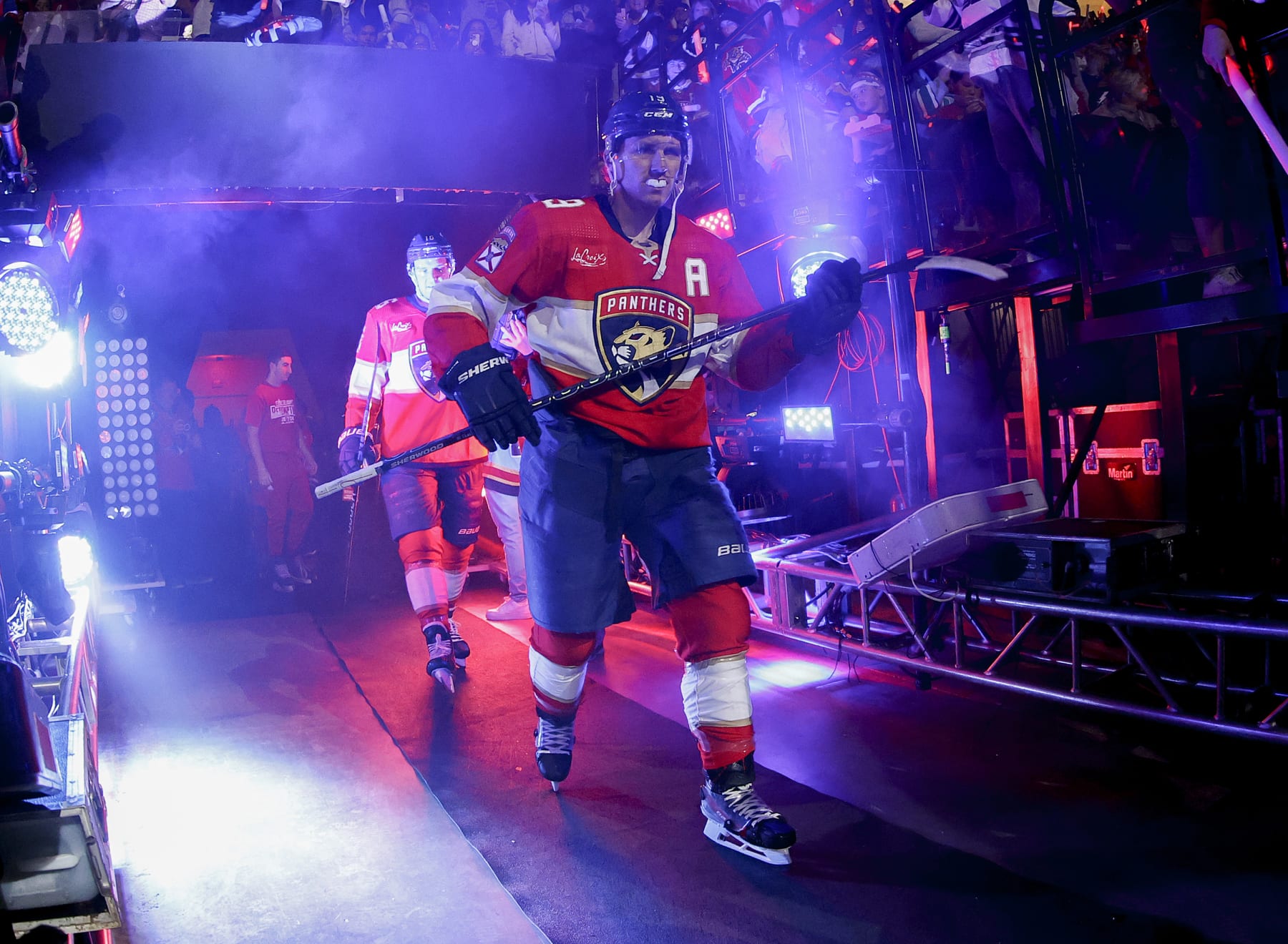 SUNRISE, FL - APRIL 21: Matthew Tkachuk #19 of the Florida Panthers walks onto the ice prior to the game against the Tampa Bay Lightning in Game One of the First Round of the 2024 Stanley Cup Playoffs at the Amerant Bank Arena on April 21, 2024 in Sunrise, Florida. (Photo by Joel Auerbach/Getty Images)