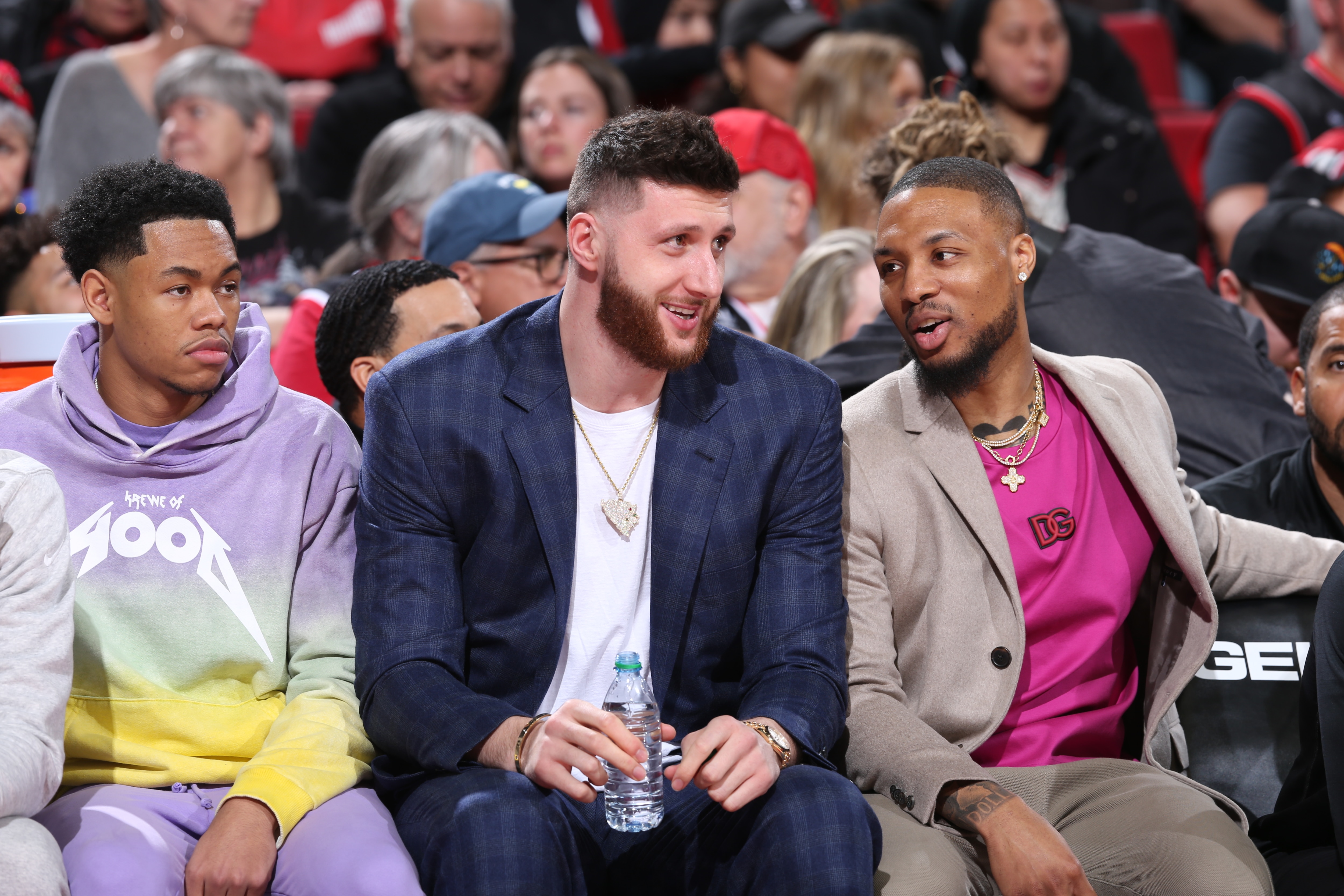 PORTLAND, OR - APRIL 10: Anfernee Simons #1, Jusuf Nurkic #27 and Damian Lillard #0 of the Portland Trail Blazers talk during the game against the Utah Jazz on April10, 2022 at the Moda Center Arena in Portland, Oregon. NOTE TO USER: User expressly acknowledges and agrees that, by downloading and or using this photograph, user is consenting to the terms and conditions of the Getty Images License Agreement. Mandatory Copyright Notice: Copyright 2022 NBAE (Photo by Sam Forencich/NBAE via Getty Images)