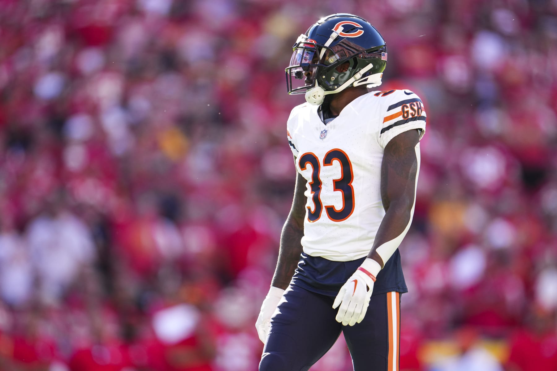 KANSAS CITY, MO - SEPTEMBER 24: Jaylon Johnson #33 of the Chicago Bears looks on from the field during at GEHA Field at Arrowhead Stadium on September 24, 2023 in Kansas City, Missouri. (Photo by Cooper Neill/Getty Images)