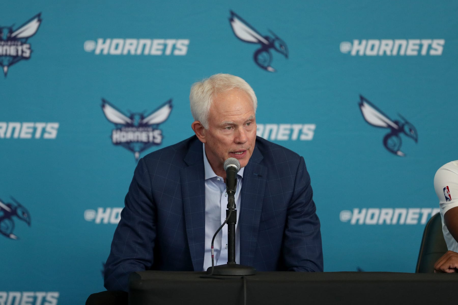 CHARLOTTE, NC - JUNE 23: General Manager Mitch Kupchak of the Charlotte Hornets talks to the press on June 23, 2023 at Spectrum Center in Charlotte, North Carolina. NOTE TO USER: User expressly acknowledges and agrees that, by downloading and or using this photograph, User is consenting to the terms and conditions of the Getty Images License Agreement. Mandatory Copyright Notice: Copyright 2023 NBAE (Photo by Kent Smith/NBAE via Getty Images)