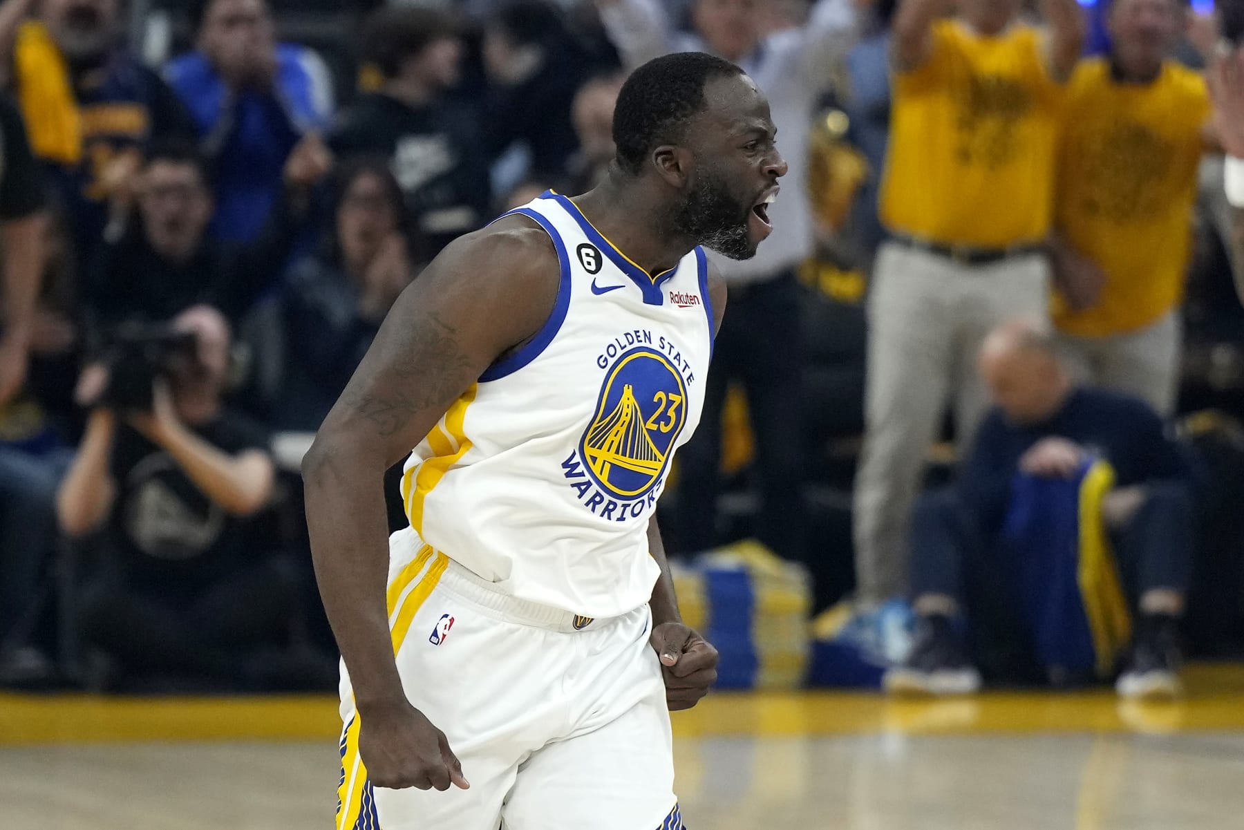 SAN FRANCISCO, CALIFORNIA - MAY 10: Draymond Green #23 of the Golden State Warriors reacts after a three point basket against the Los Angeles Lakers during the first quarter in game five of the Western Conference Semifinal Playoffs at Chase Center on May 10, 2023 in San Francisco, California. NOTE TO USER: User expressly acknowledges and agrees that, by downloading and or using this photograph, User is consenting to the terms and conditions of the Getty Images License Agreement. (Photo by Thearon W. Henderson/Getty Images)
