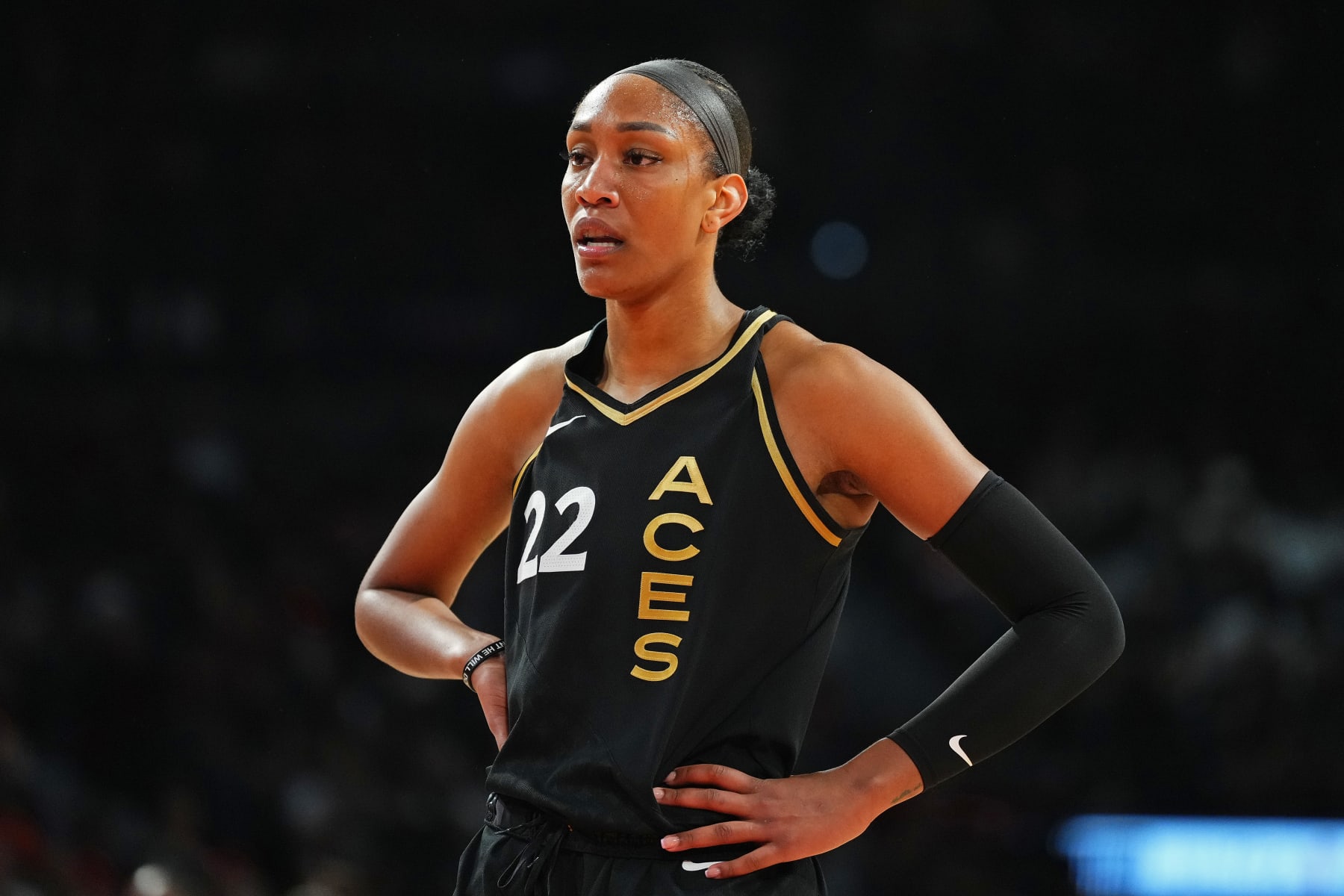 LAS VEGAS, NV - OCTOBER 8: A'ja Wilson #22 of the Las Vegas Aces looks on during the game against the New York Liberty during Game 1 of the 2023 WNBA Finals on October 8, 2023 at the Michelob ULTRA Arena in Las Vegas, Nevada. NOTE TO USER: User expressly acknowledges and agrees that, by downloading and or using this photograph, User is consenting to the terms and conditions of the Getty Images License Agreement. Mandatory Copyright Notice: Copyright 2023 NBAE (Photo by Jeff Bottari/NBAE via Getty Images)