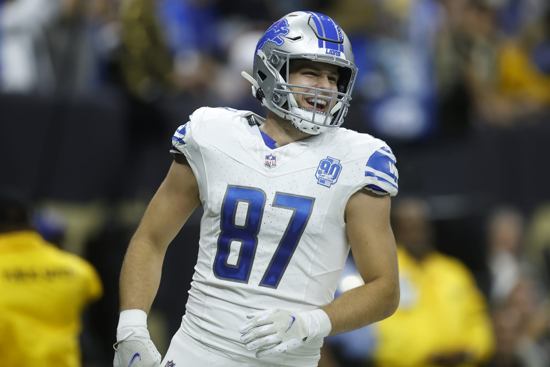 NEW ORLEANS, LOUISIANA - DECEMBER 03: Sam LaPorta #87 of the Detroit Lions celebrates after scoring a touchdown in the first quarter against the New Orleans Saints at the Caesars Superdome on December 03, 2023 in New Orleans, Louisiana. (Photo by Chris Graythen/Getty Images)