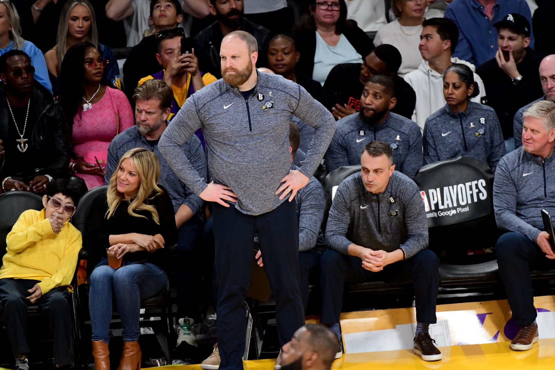 LOS ANGELES, CA - APRIL 28: Head Coach Taylor Jenkins of the Memphis Grizzlies looks on during the game against the Los Angeles Lakers during round One Game Six of the 2023 NBA Playoffs on April 28, 2023 at Crypto.Com Arena in Los Angeles, California. NOTE TO USER: User expressly acknowledges and agrees that, by downloading and/or using this Photograph, user is consenting to the terms and conditions of the Getty Images License Agreement. Mandatory Copyright Notice: Copyright 2023 NBAE (Photo by Adam Pantozzi/NBAE via Getty Images)