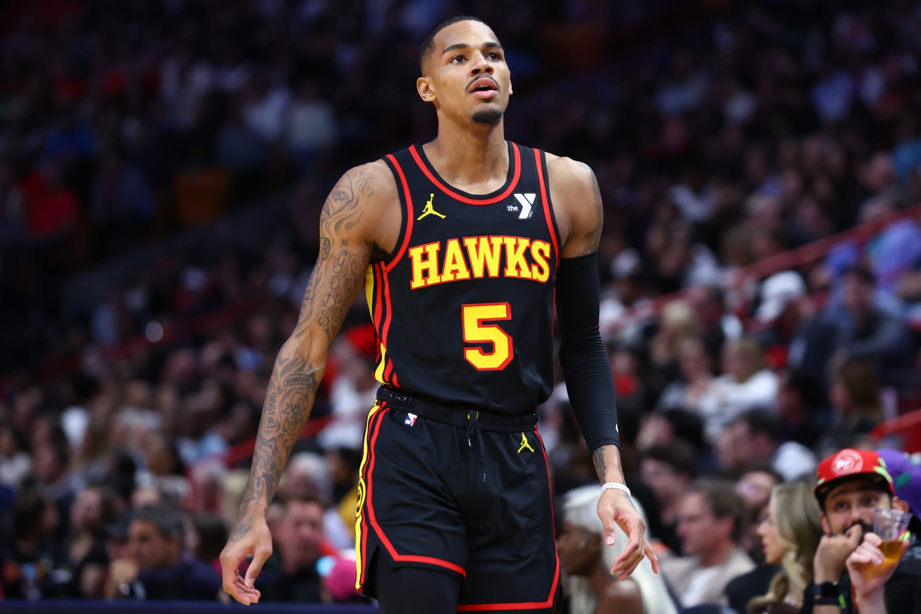 MIAMI, FLORIDA - DECEMBER 22: Dejounte Murray #5 of the Atlanta Hawks looks on against the Miami Heat during the second quarter of the game at Kaseya Center on December 22, 2023 in Miami, Florida. NOTE TO USER: User expressly acknowledges and agrees that, by downloading and or using this photograph, User is consenting to the terms and conditions of the Getty Images License Agreement. (Photo by Megan Briggs/Getty Images)