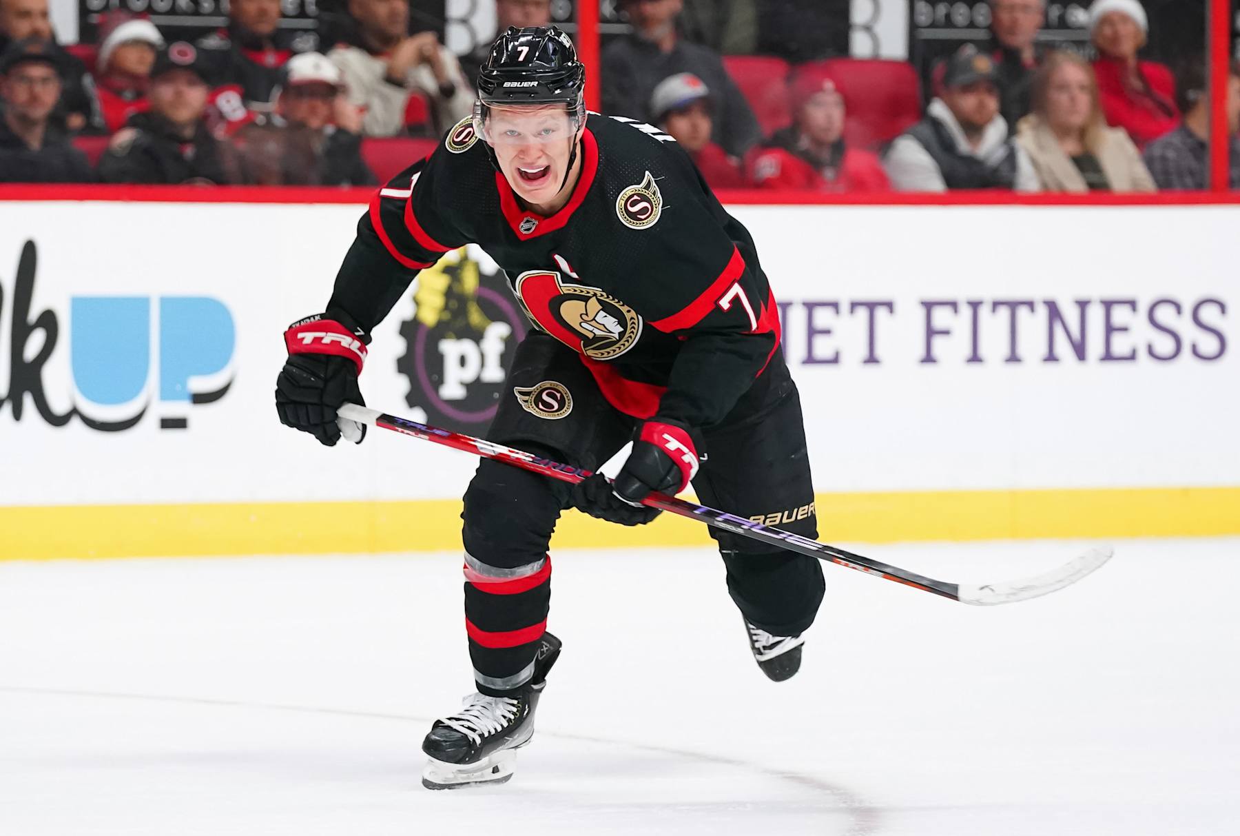 OTTAWA, CANADA - DECEMBER 3:  Brady Tkachuk #7 of the Ottawa Senators skates against the San Jose Sharks at Canadian Tire Centre on December 3, 2022 in Ottawa, Ontario, Canada.  (Photo by André Ringuette/NHLI via Getty Images)