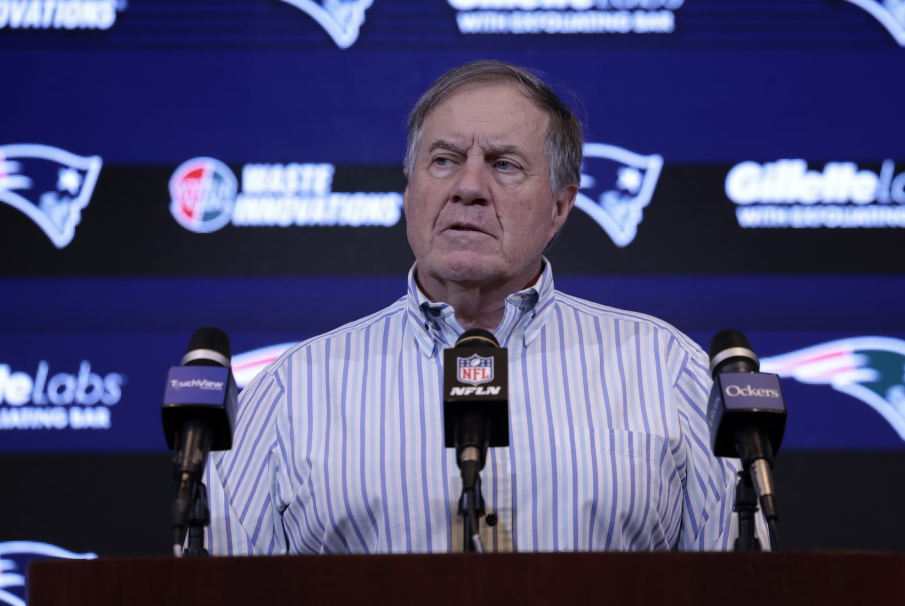 FOXBOROUGH, MA - JANUARY 07: New England Patriots head coach Bill Belichick addresses the media after a game between the New England Patriots and the New York Jets on January 7, 2024, at Gillette Stadium in Foxborough, Massachusetts. (Photo by Fred Kfoury III/Icon Sportswire via Getty Images)
