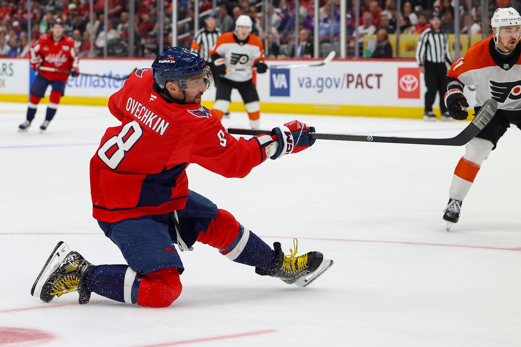 WASHINGTON, DC - OCTOBER 23: Alex Ovechkin #8 of the Washington Capitals takes a shot on goal during a game against the Philadelphia Flyers at Capital One Arena on October 23, 2024 in Washington, D.C. (Photo by John McCreary/NHLI via Getty Images)