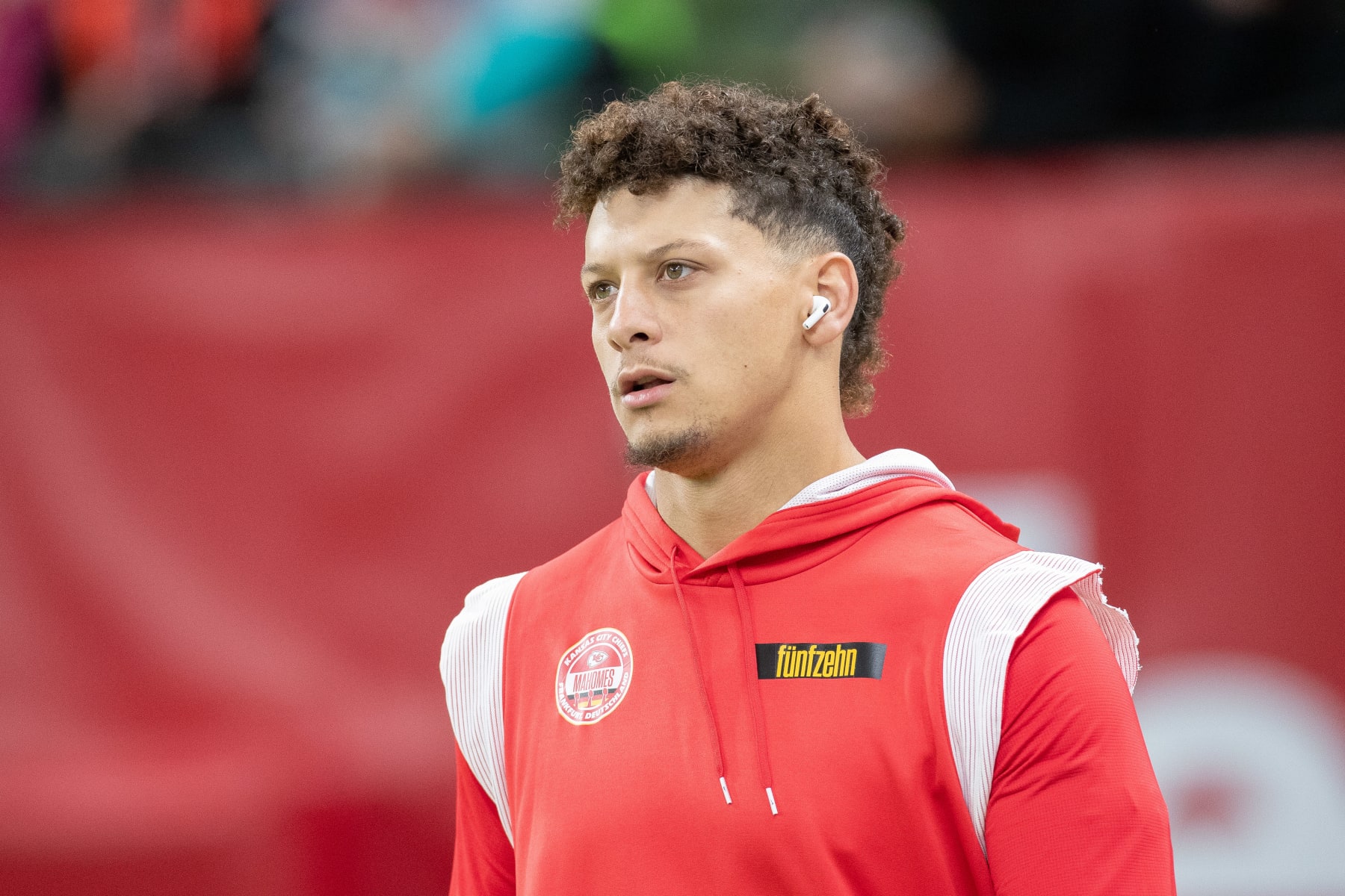 FRANKFURT AM MAIN, GERMANY - NOVEMBER 5: Patrick Mahomes of Kansas City Chiefs looks on prior to the NFL match between Miami Dolphins and Kansas City Chiefs at Deutsche Bank Park on November 5, 2023 in Frankfurt am Main, Germany. (Photo by Mario Hommes/DeFodi Images via Getty Images)
