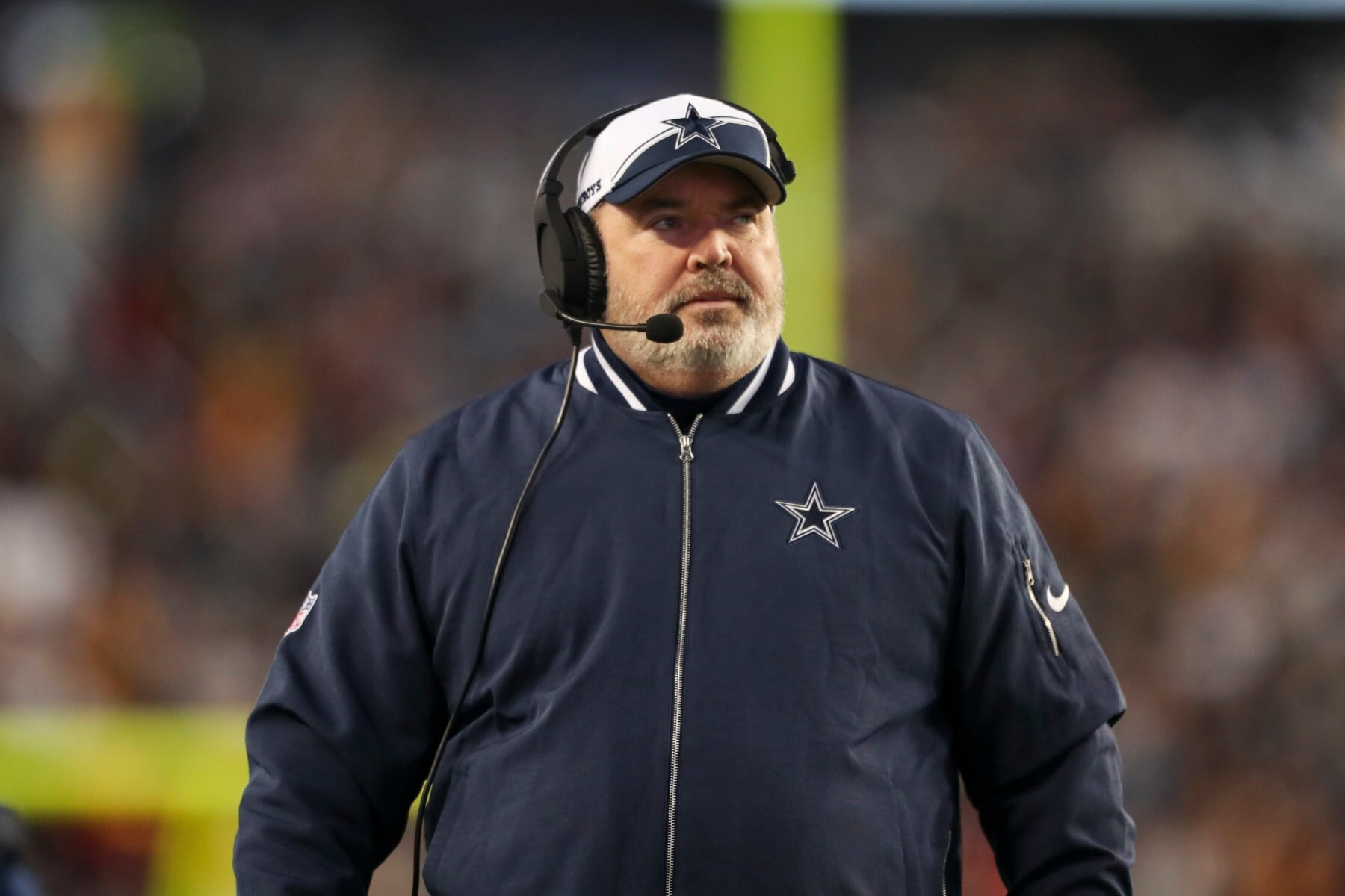 LANDOVER, MARYLAND - JANUARY 07: Dallas Cowboys head coach Mike McCarthy walks the sideline during an NFL game against the Washington Commanders at FedExField on January 7, 2024 in Landover, Maryland. (Photo by Kara Durrette/Getty Images)