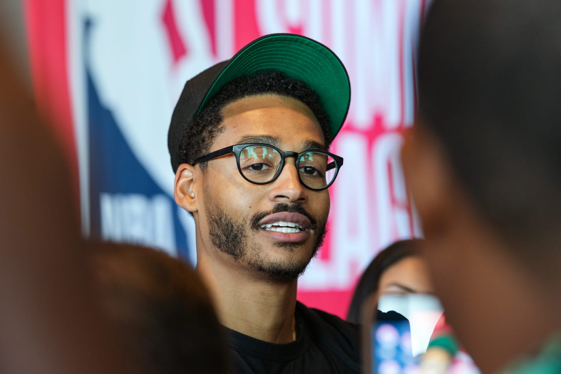LAS VEGAS, NV - JULY 8: Jordan Poole of the Washington Wizards talks to the media during a Press Conference at 2023 Las Vegas Summer League  on July 8, 2023 at the Thomas & Mack Center in Las Vegas, Nevada. NOTE TO USER: User expressly acknowledges and agrees that, by downloading and or using this photograph, User is consenting to the terms and conditions of the Getty Images License Agreement. Mandatory Copyright Notice: Copyright 2023 NBAE (Photo by Ryan Stetz/NBAE via Getty Images)