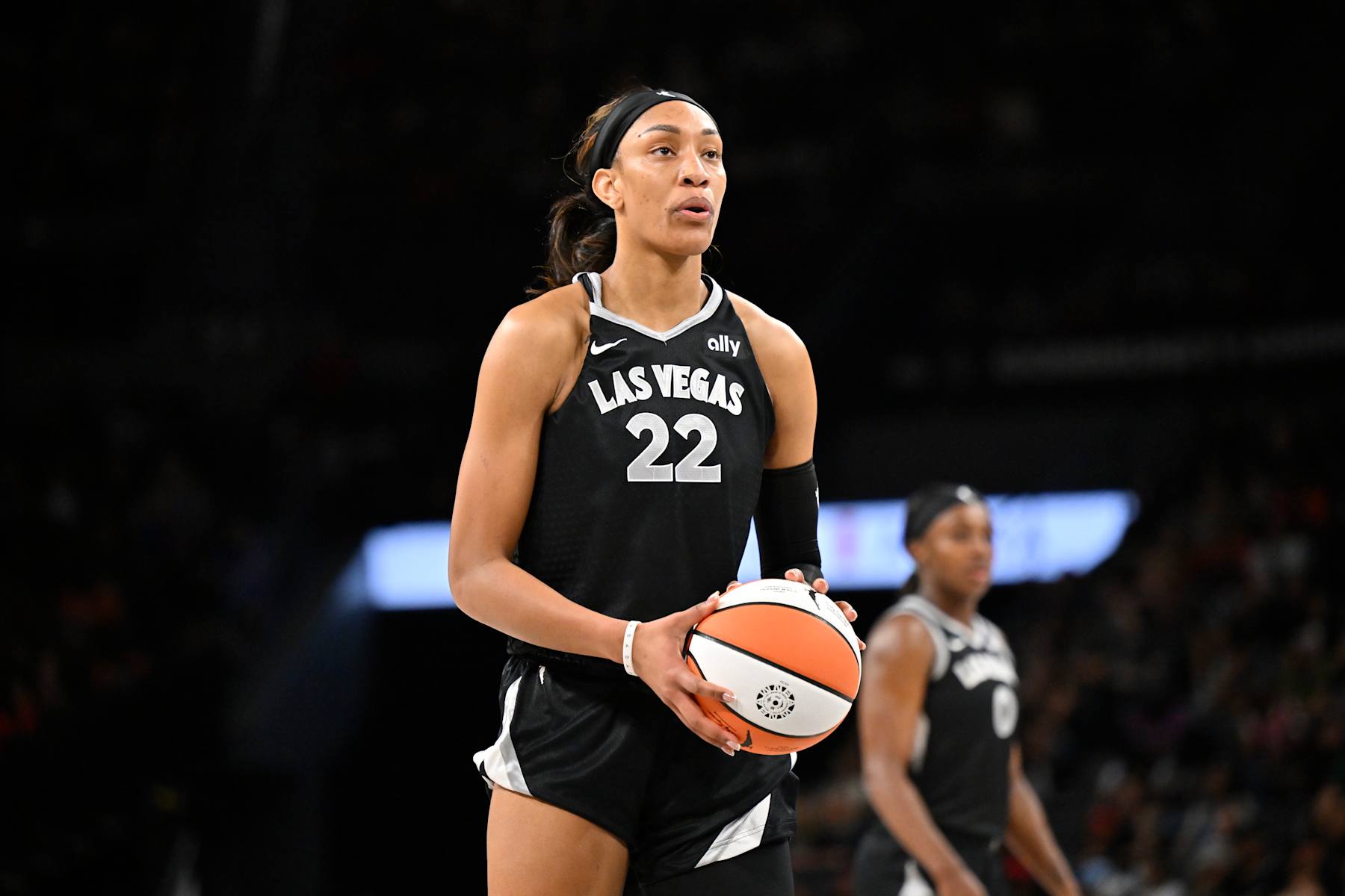 LAS VEGAS, NV - AUGUST 17: A'ja Wilson #22 of the Las Vegas Aces shoots a free throw during the game against the New York Liberty on August 17, 2024 at Michelob ULTRA Arena in Las Vegas, Nevada. NOTE TO USER: User expressly acknowledges and agrees that, by downloading and or using this photograph, User is consenting to the terms and conditions of the Getty Images License Agreement. Mandatory Copyright Notice: Copyright 2024 NBAE (Photo by David Becker/NBAE via Getty Images)