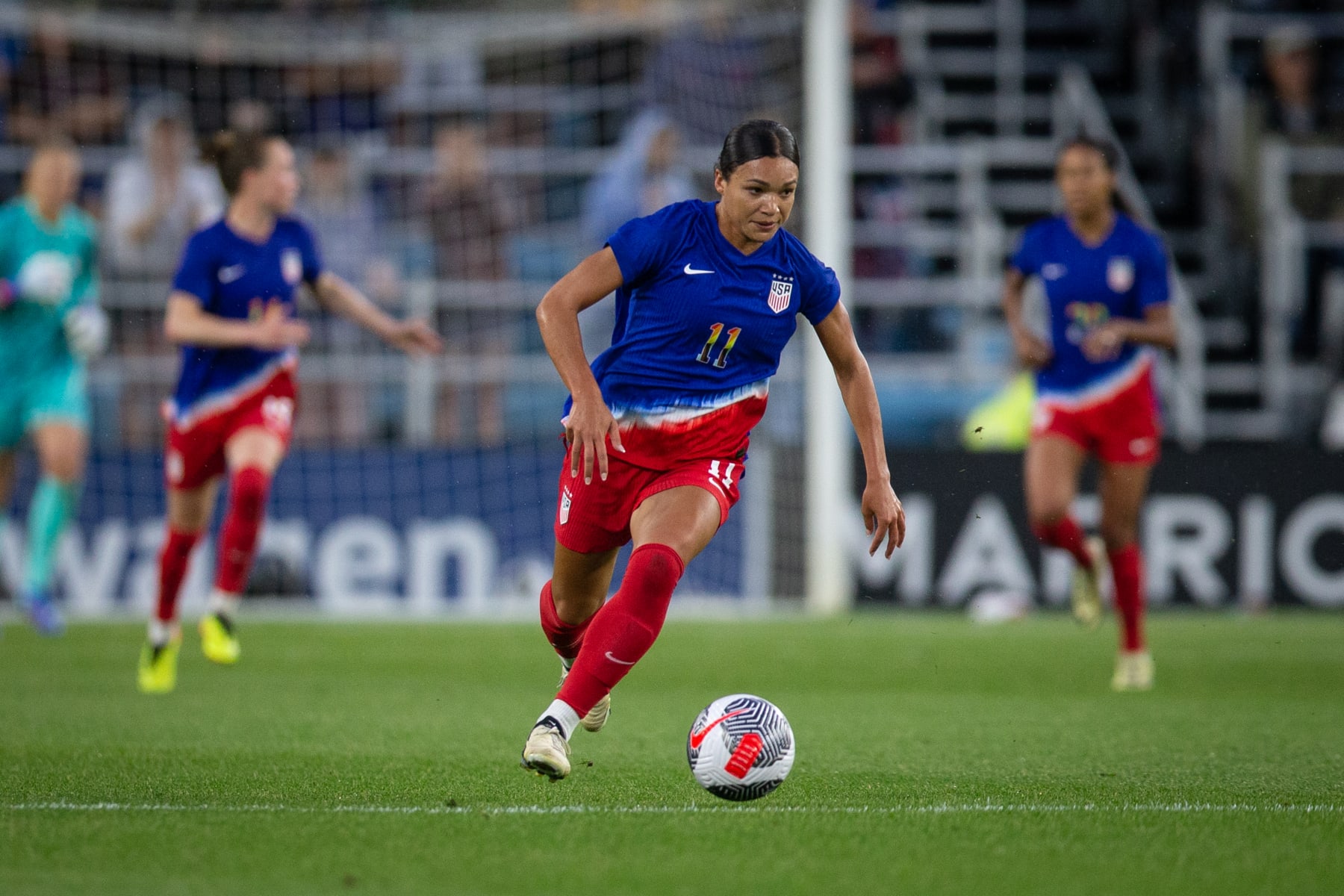 ST PAUL, MN - JUNE 4: Sophia Smith #11 of the United States dribbles the ball during an international friendly game between Korea Republic and USWNT at Allianz Field on June 4, 2024 in St Paul, Minnesota. (Photo by Erin Chang/ISI Photos/USSF/Getty Images for USSF)