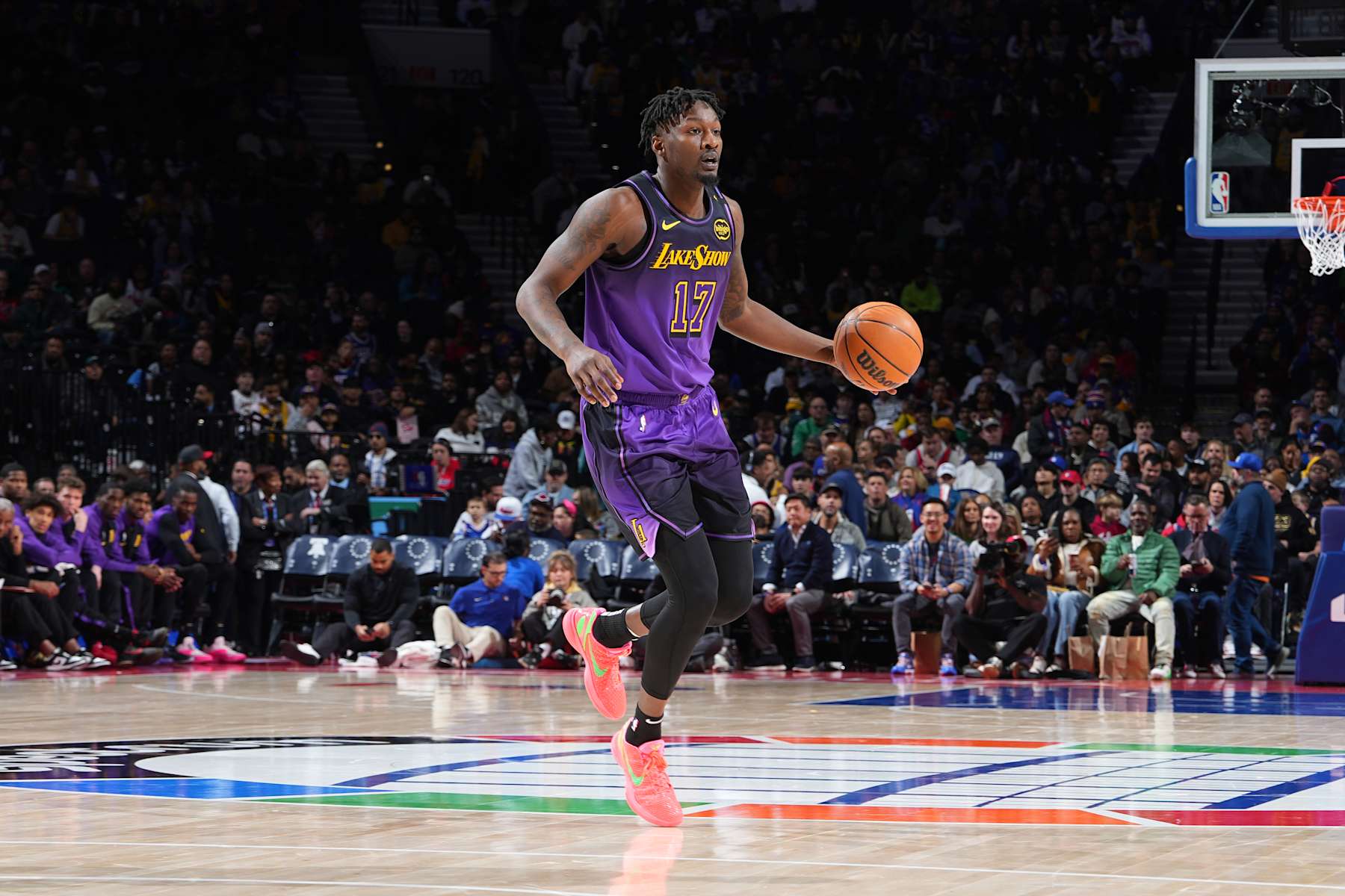 PHILADELPHIA, PA - JANUARY 28:  Dorian Finney-Smith #17 of the Los Angeles Lakers handles the ball during the game against the Philadelphia 76ers on January 28, 2025 at the Wells Fargo Center in Philadelphia, Pennsylvania NOTE TO USER: User expressly acknowledges and agrees that, by downloading and/or using this Photograph, user is consenting to the terms and conditions of the Getty Images License Agreement. Mandatory Copyright Notice: Copyright 2025 NBAE (Photo by Jesse D. Garrabrant/NBAE via Getty Images)