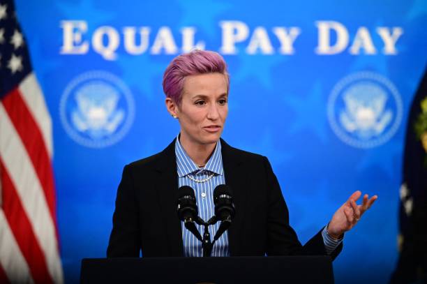 US soccer player Megan Rapinoe speaks during an Equal Pay Day event in the South Court Auditorium of the White House in Washington, DC on March 24, 2021. (Photo by JIM WATSON / AFP) (Photo by JIM WATSON/AFP via Getty Images)