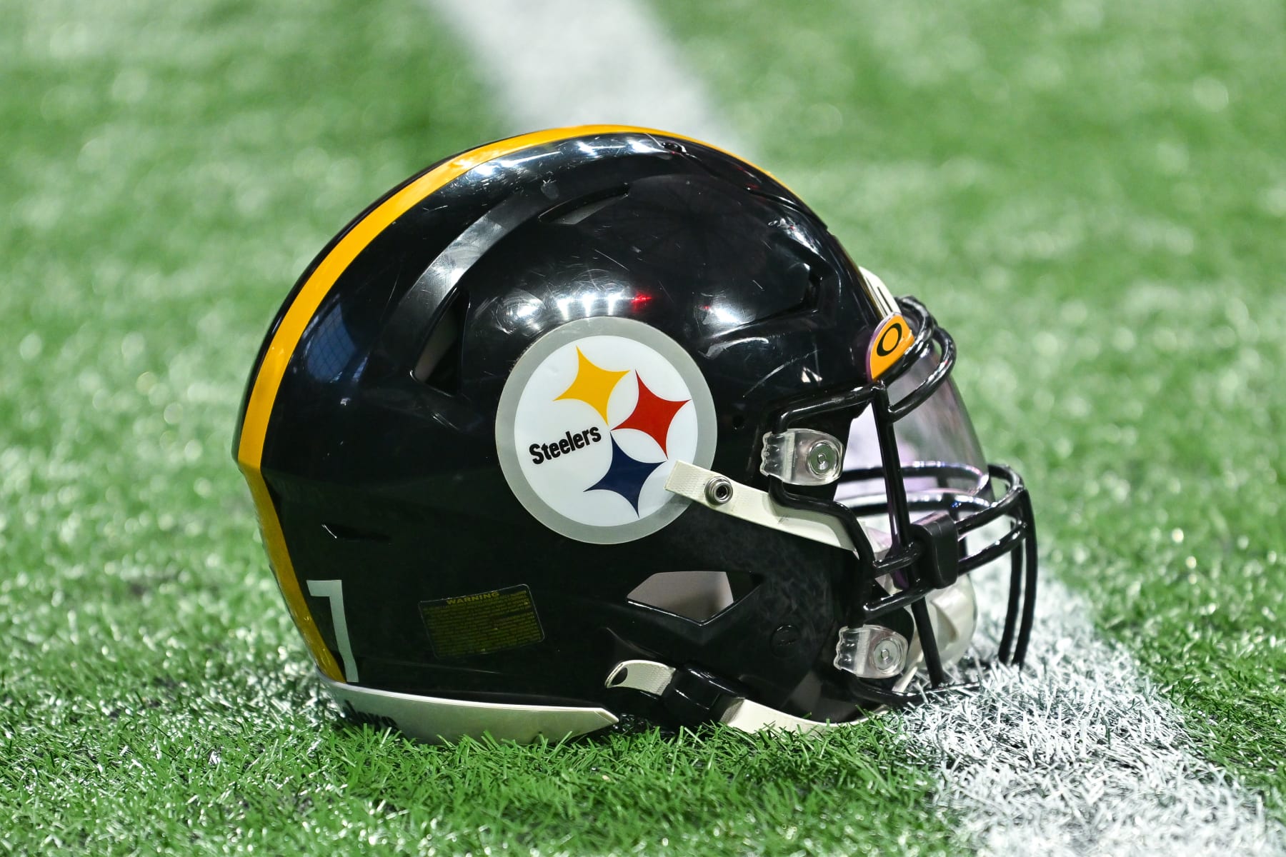 ATLANTA, GA  AUGUST 24:  A Pittsburgh Steelers football helmet prior to the start of the NFL game between the Pittsburgh Steelers and the Atlanta Falcons on August 24th, 2023 at Mercedes-Benz Stadium in Atlanta, GA.  (Photo by Rich von Biberstein/Icon Sportswire via Getty Images)