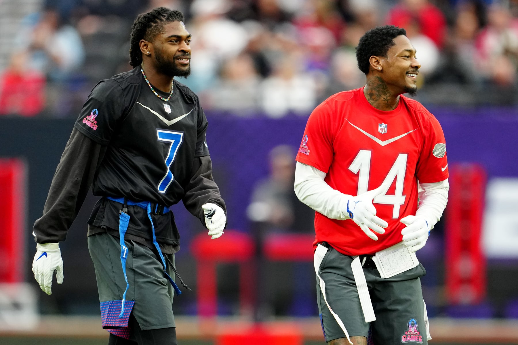 LAS VEGAS, NEVADA - FEBRUARY 05: Trevon Diggs of the Dallas Cowboys and NFC and Stefon Diggs of the Buffalo Bills and AFC talk during the 2023 NFL Pro Bowl Games at Allegiant Stadium on February 05, 2023 in Las Vegas, Nevada. (Photo by Jeff Bottari/Getty Images)