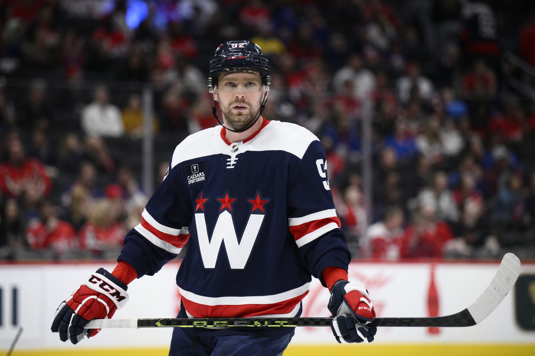 Washington Capitals center Evgeny Kuznetsov (92) looks on during the second period of an NHL hockey game against the New York Islanders, Monday, April 10, 2023, in Washington. (AP Photo/Nick Wass)