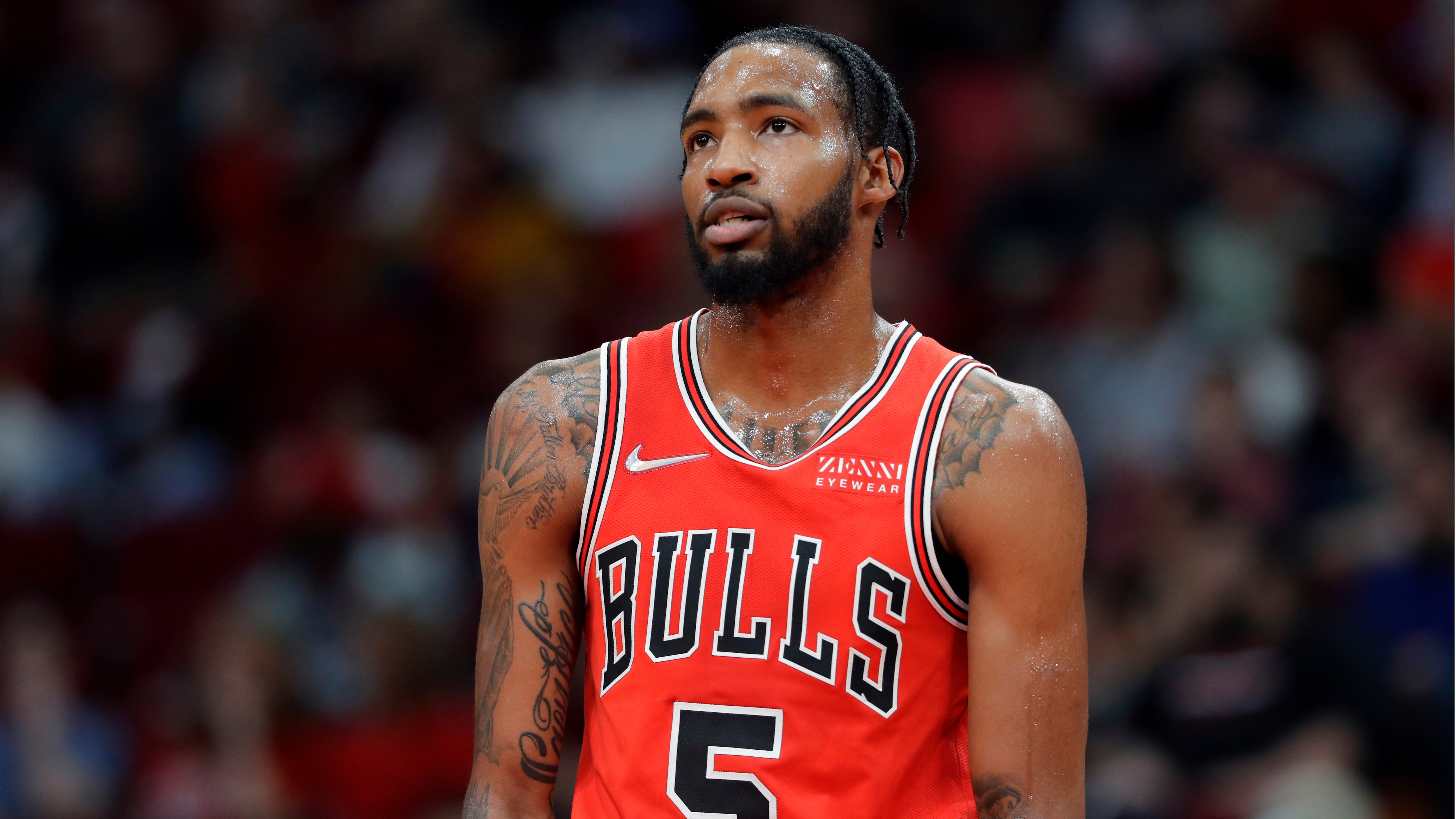 Chicago Bulls forward Derrick Jones Jr. (5) during the second half of an NBA basketball game gains the Houston Rockets Wednesday, Nov. 24, 2021, in Houston. (AP Photo/Michael Wyke)