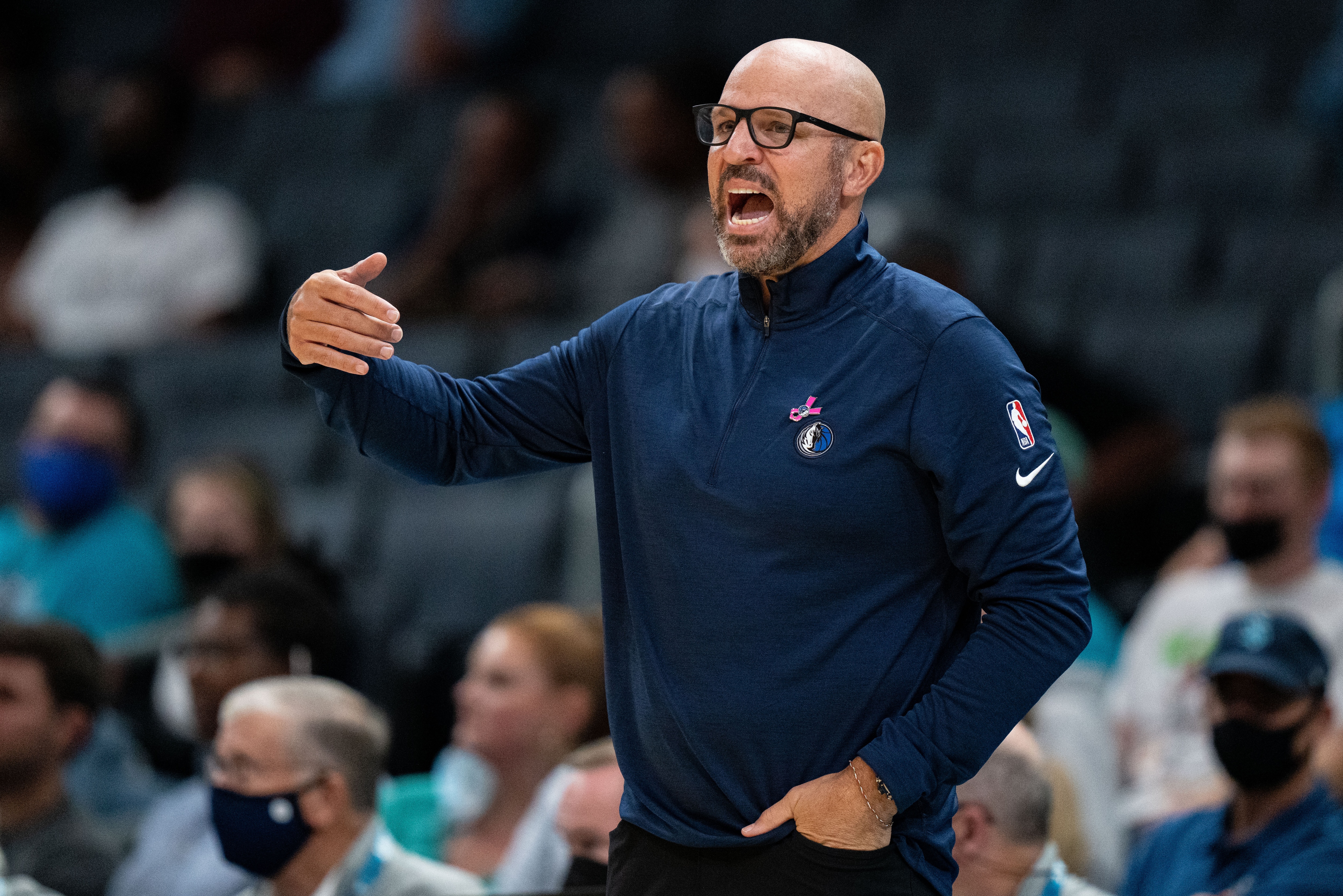 CHARLOTTE, NORTH CAROLINA - OCTOBER 13: Dallas Mavericks head coach Jason Kidd looks on during their game against the Charlotte Hornets at Spectrum Center on October 13, 2021 in Charlotte, North Carolina. NOTE TO USER: User expressly acknowledges and agrees that, by downloading and or using this photograph, User is consenting to the terms and conditions of the Getty Images License Agreement. (Photo by Jacob Kupferman/Getty Images)