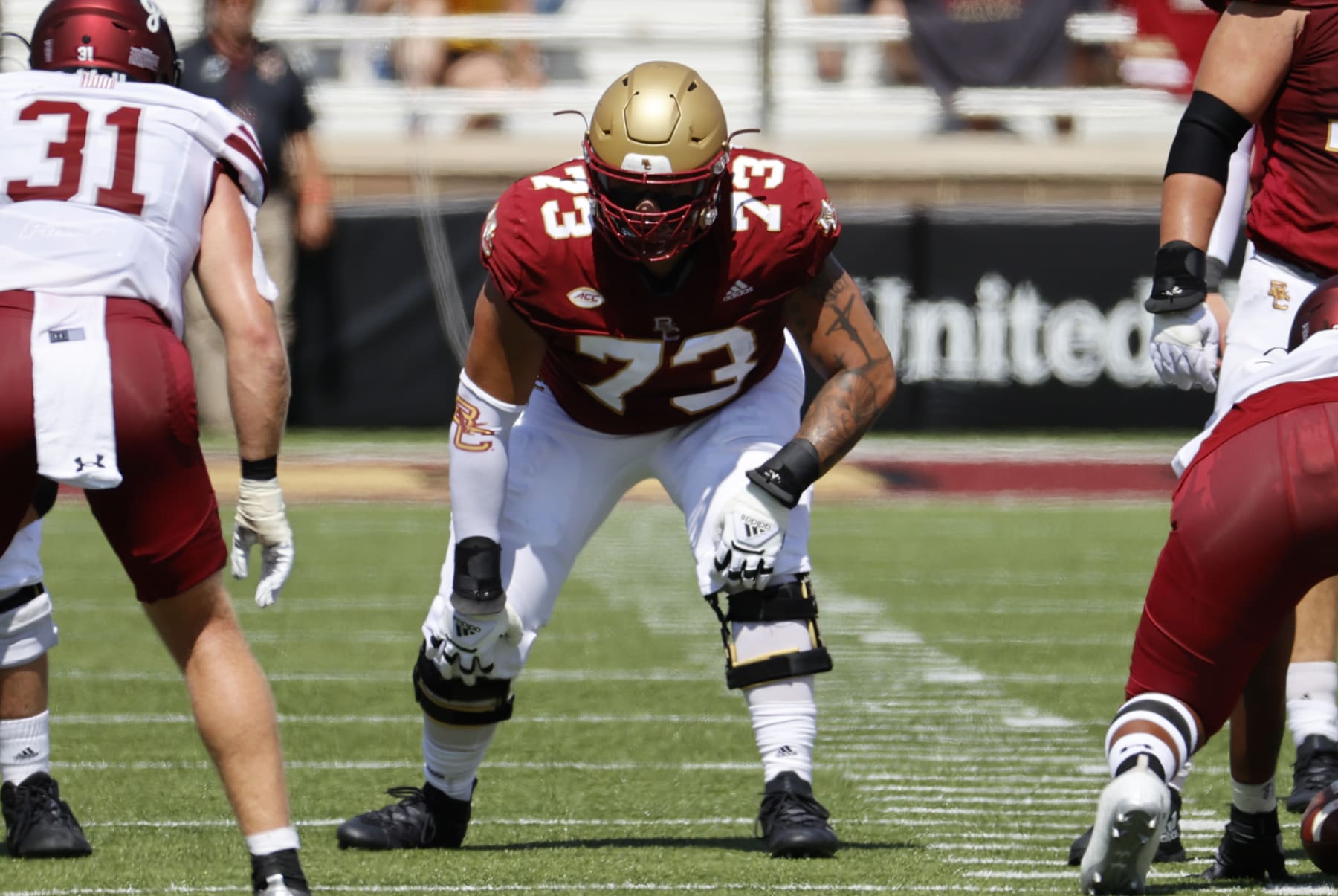 CHESTNUT HILL, MA - SEPTEMBER 04: Boston College Eagles offensive lineman Christian Mahogany (73) during a game between the Boston College Eagles and the Colgate University Raiders on September 4, 2021, at Alumni Stadium in Chestnut Hill, Massachusetts. (Photo by Fred Kfoury III/Icon Sportswire via Getty Images)