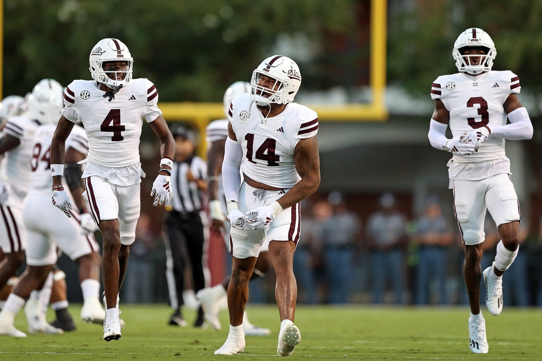 STARKVILLE, MISSISSIPPI - SEPTEMBER 09: Nathaniel Watson #14 of the Mississippi State Bulldogs reacts during the game against the Arizona Wildcats at Davis Wade Stadium on September 09, 2023 in Starkville, Mississippi. (Photo by Justin Ford/Getty Images)