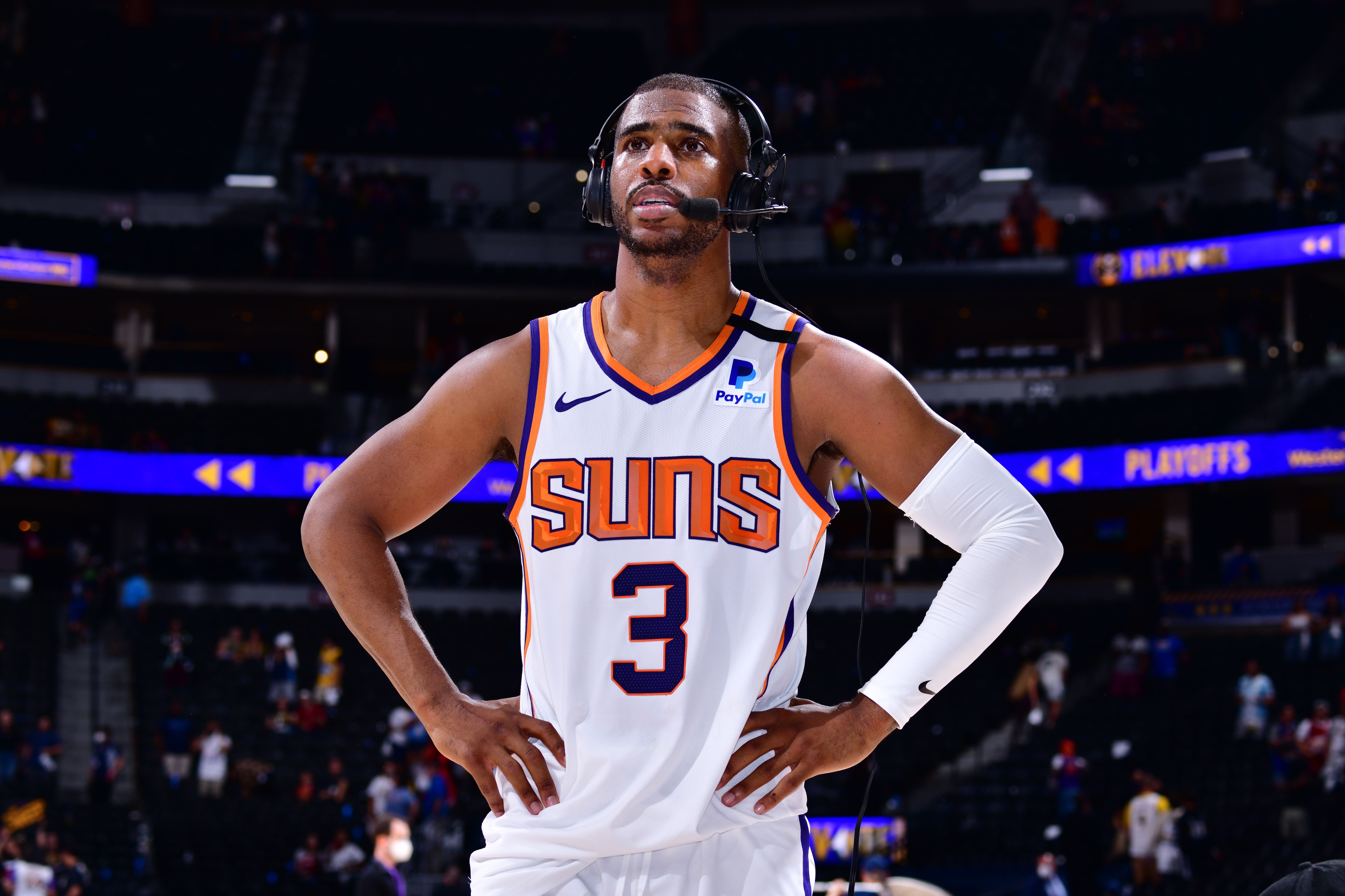 DENVER, CO - JUNE 13: Chris Paul #3 of the Phoenix Suns is interviewed after the game against the Denver Nuggets during Round 2, Game 4 of the 2021 NBA Playoffs on June 13, 2021 at the Ball Arena in Denver, Colorado. NOTE TO USER: User expressly acknowledges and agrees that, by downloading and/or using this Photograph, user is consenting to the terms and conditions of the Getty Images License Agreement. Mandatory Copyright Notice: Copyright 2021 NBAE (Photo by Barry Gossage/NBAE via Getty Images)