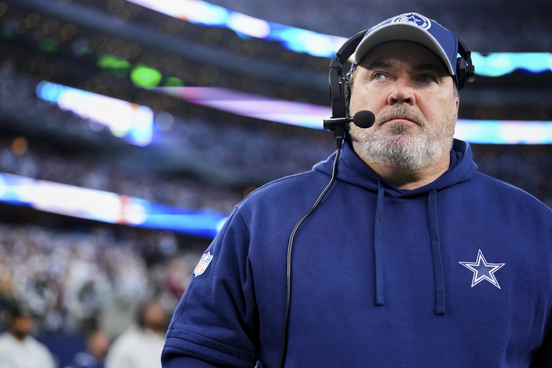 DALLAS, TX - JANUARY 14: Head coach Mike McCarthy of the Dallas Cowboys looks on before kickoff against the Green Bay Packers during the NFC Wild Card playoff game at AT&T Stadium on January 14, 2024 in Dallas, Texas. (Photo by Cooper Neill/Getty Images)