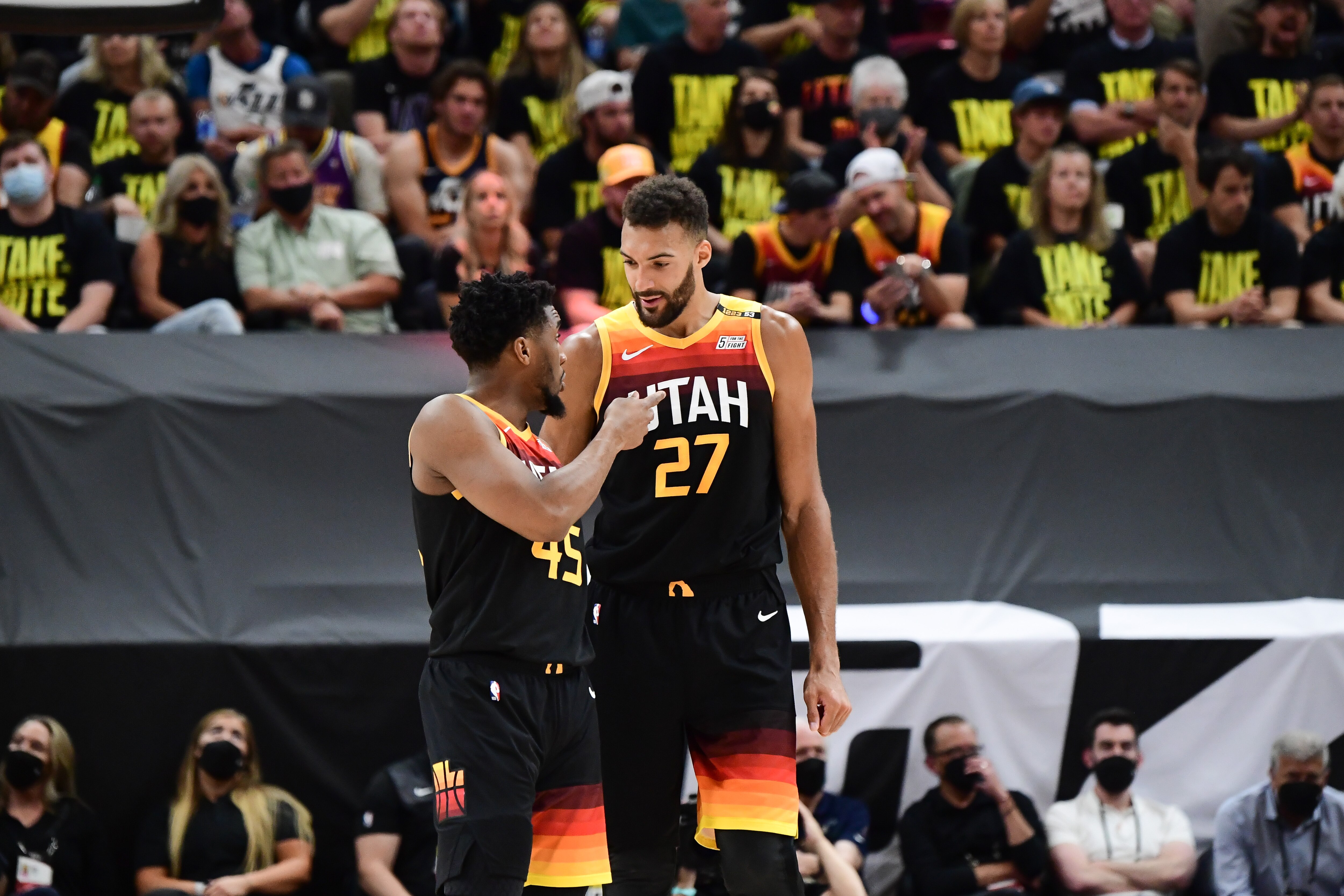 SALT LAKE CITY, UT - JUNE 16: Donovan Mitchell #45 of the Utah Jazz talks to Rudy Gobert #27 of the Utah Jazz during the game against the LA Clippers during Round 2, Game 5 of the 2021 NBA Playoffs on June 16, 2021 at vivint.SmartHome Arena in Salt Lake City, Utah. NOTE TO USER: User expressly acknowledges and agrees that, by downloading and or using this Photograph, User is consenting to the terms and conditions of the Getty Images License Agreement. Mandatory Copyright Notice: Copyright 2021 NBAE (Photo by Adam Pantozzi/NBAE via Getty Images)