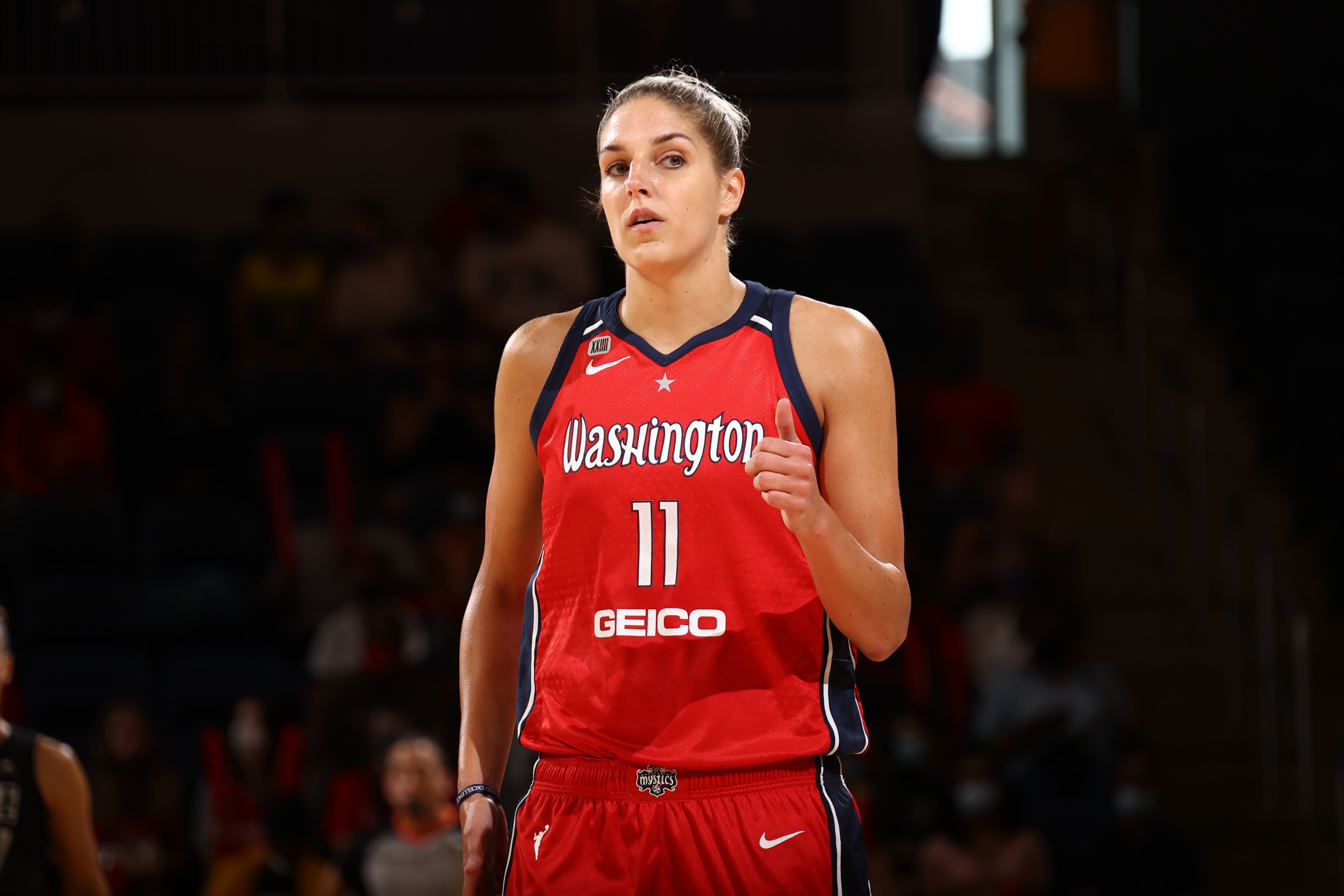 WASHINGTON, DC -  AUGUST 22: Elena Delle Donne #11 of the Washington Mystics looks on during the game against the Seattle Storm on August 22, 2021 at the Entertainment & Sports Arena in Washington, DC. NOTE TO USER: User expressly acknowledges and agrees that, by downloading and or using this Photograph, user is consenting to the terms and conditions of the Getty Images License Agreement. Mandatory Copyright Notice: Copyright 2021 NBAE (Photo by Stephen Gosling/NBAE via Getty Images)