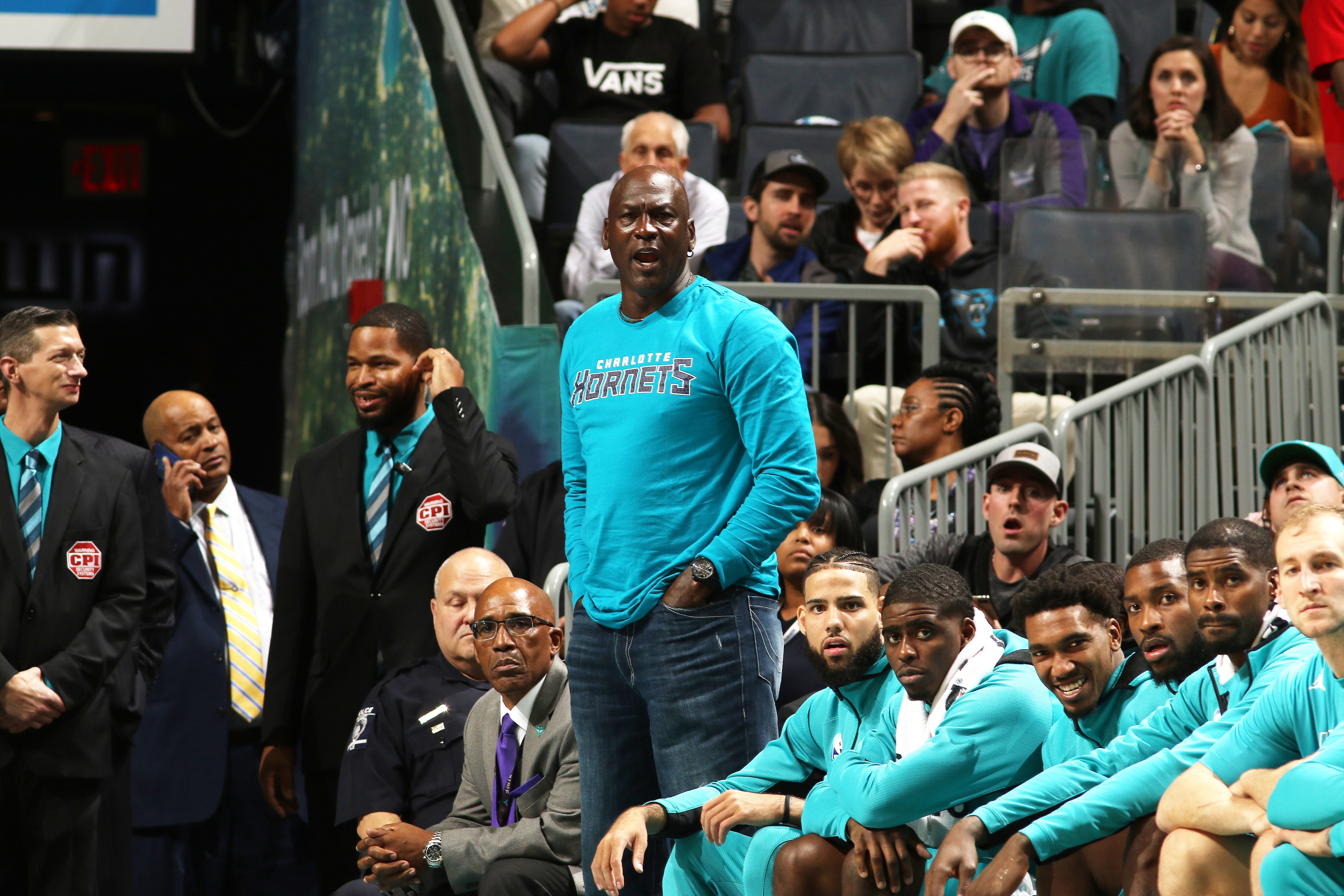 CHARLOTTE, NC - NOVEMBER 5: NBA Legend and Charlotte Hornets Owner, Michael Jordan looks on during a game between the Indiana Pacers and the Charlotte Hornets on November 5, 2019 at Spectrum Center in Charlotte, North Carolina. NOTE TO USER: User expressly acknowledges and agrees that, by downloading and or using this photograph, User is consenting to the terms and conditions of the Getty Images License Agreement.  Mandatory Copyright Notice:  Copyright 2019 NBAE (Photo by Brock Williams-Smith/NBAE via Getty Images)