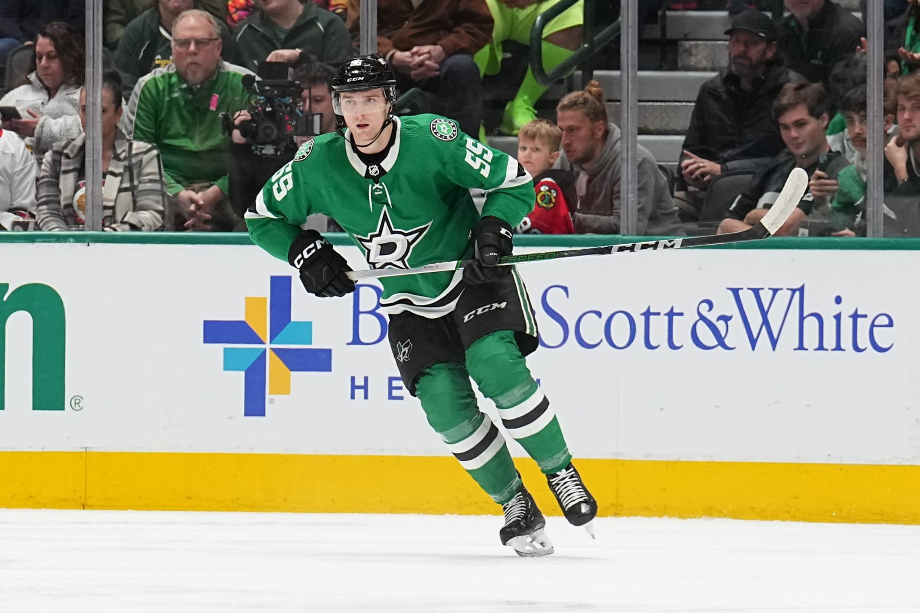 DALLAS, TX - DECEMBER 29: Thomas Harley #55 of the Dallas Stars skates against the Chicago Blackhawks at the American Airlines Center on December 29, 2023 in Dallas, Texas. (Photo by Glenn James/NHLI via Getty Images)