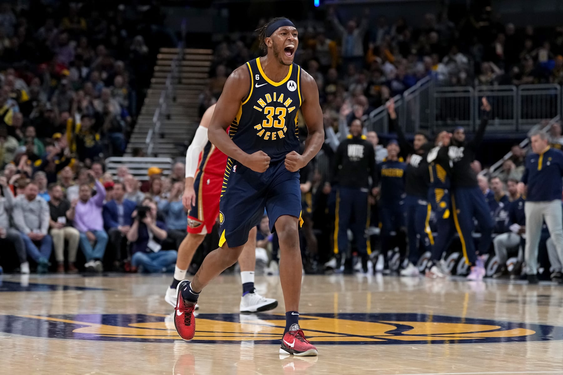 INDIANAPOLIS, INDIANA - NOVEMBER 07: Myles Turner #33 of the Indiana Pacers reacts in the third quarter against the New Orleans Pelicans at Gainbridge Fieldhouse on November 07, 2022 in Indianapolis, Indiana. NOTE TO USER: User expressly acknowledges and agrees that, by downloading and or using this photograph, User is consenting to the terms and conditions of the Getty Images License Agreement. (Photo by Dylan Buell/Getty Images)