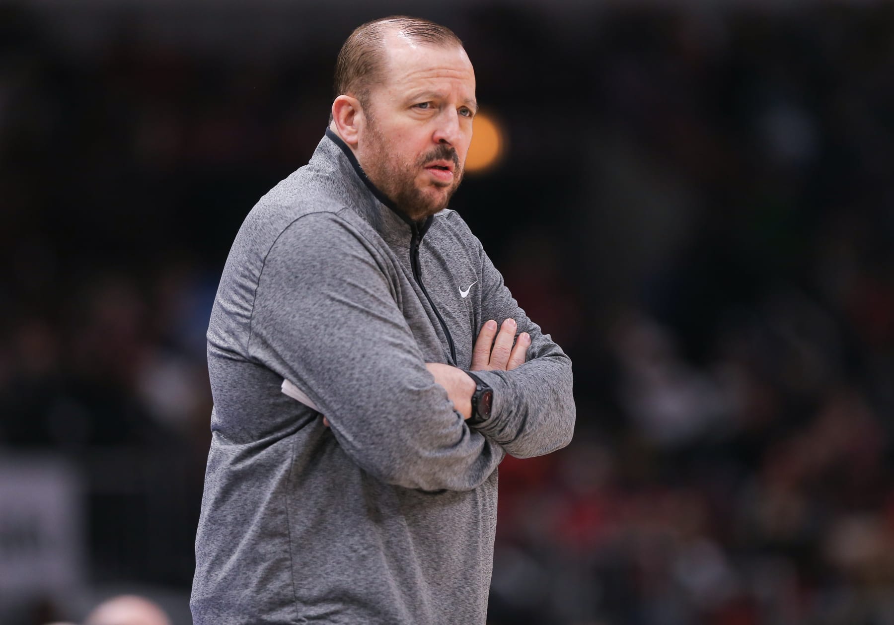 CHICAGO, IL - DECEMBER 16: New York Knicks Head Coach Tom Thibodeau looks on during a NBA game between the New York Knicks and the Chicago Bulls on December  16, 2022 at the United Center in Chicago, IL. (Photo by Melissa Tamez/Icon Sportswire via Getty Images)