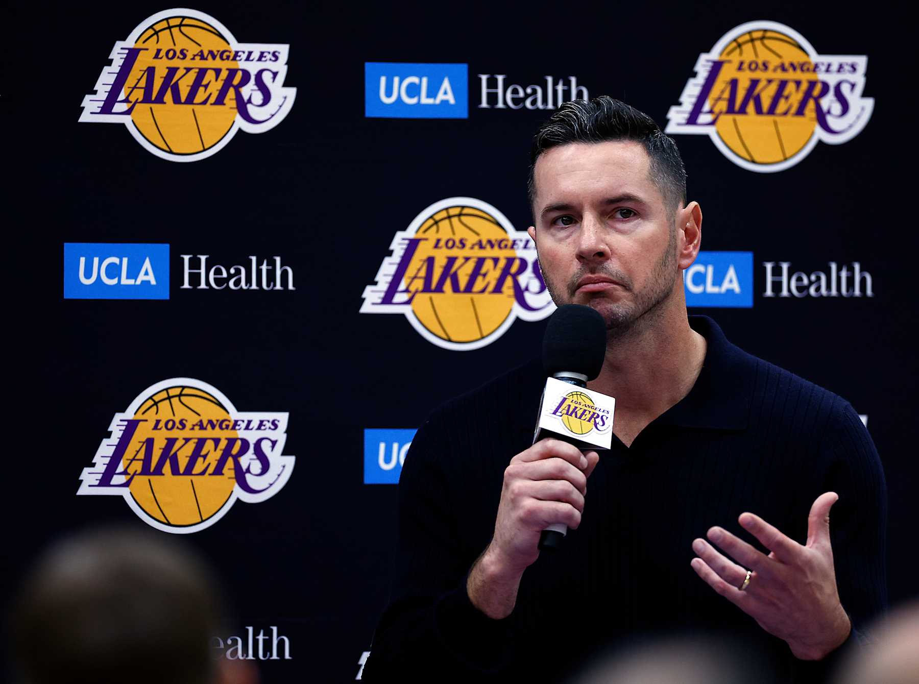 EL SEGUNDO, CALIFORNIA - SEPTEMBER 25: Head coach JJ Redick of the Los Angeles Lakers speaks with the media during a press conference at UCLA Health Training Center on September 25, 2024 in El Segundo, California.  NOTE TO USER: User expressly acknowledges and agrees that, by downloading and or using this photograph, User is consenting to the terms and conditions of the Getty Images License Agreement.  (Photo by Ronald Martinez/Getty Images)