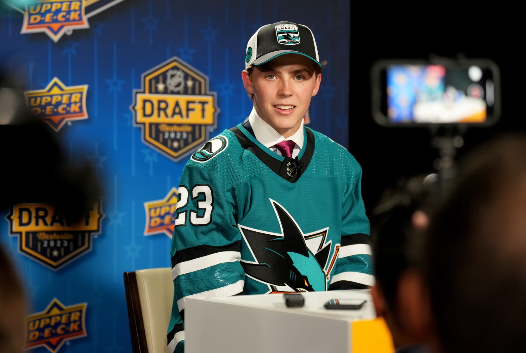 NASHVILLE, TENNESSEE - JUNE 28: Will Smith speaks during an interview after being selected fourth overall by the San Jose Sharks during the 2023 Upper Deck NHL Draft - Round One at Bridgestone Arena on June 28, 2023 in Nashville, Tennessee. (Photo by John Russell/NHLI via Getty Images)