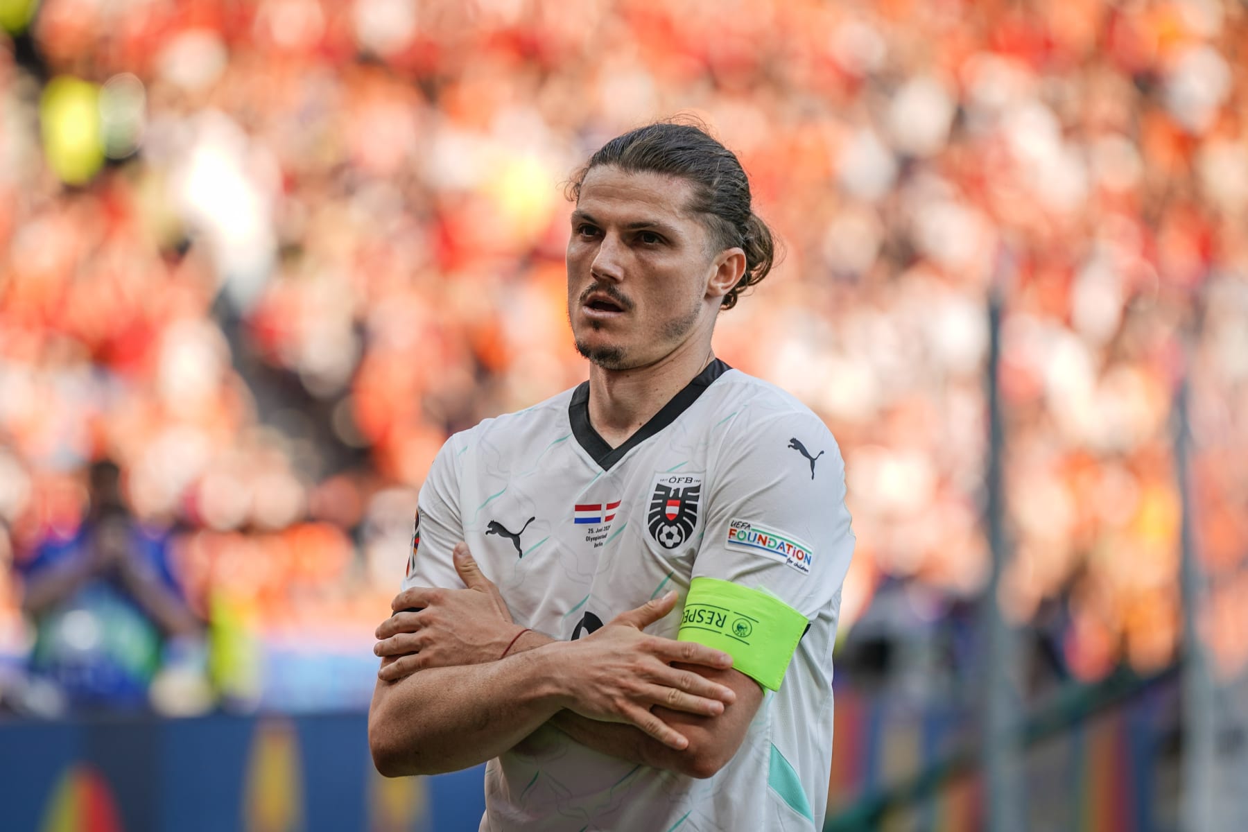 Marcel Sabitzer of Austria celebrates scoring during the UEFA Euro 2024 Group D match between the Netherlands and Austria in Berlin, Germany, June 25, 2024. (Photo by Peng Ziyang/Xinhua via Getty Images)