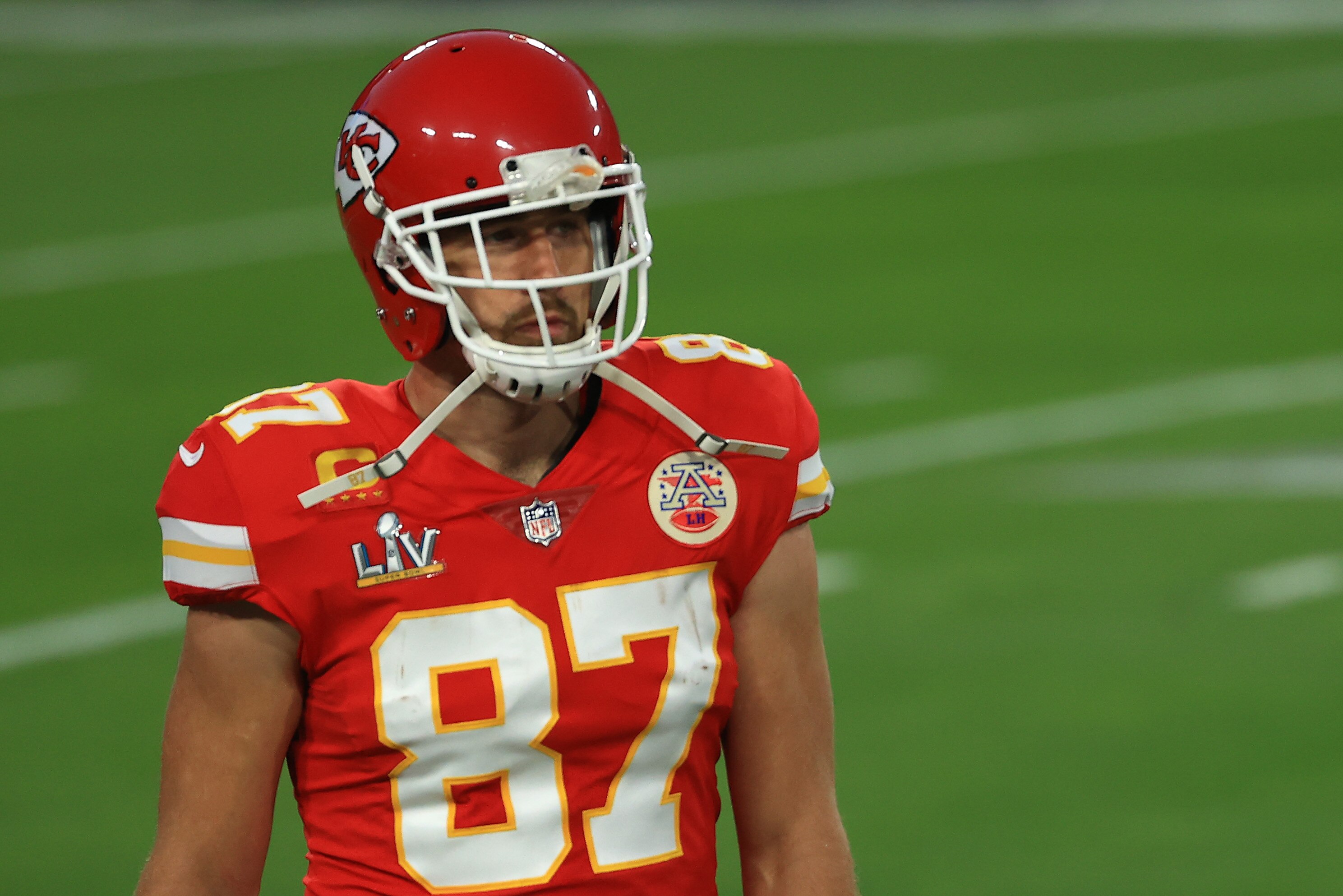 TAMPA, FLORIDA - FEBRUARY 07: Travis Kelce #87 of the Kansas City Chiefs looks on in Super Bowl LV against the Tampa Bay Buccaneers at Raymond James Stadium on February 07, 2021 in Tampa, Florida. (Photo by Mike Ehrmann/Getty Images)