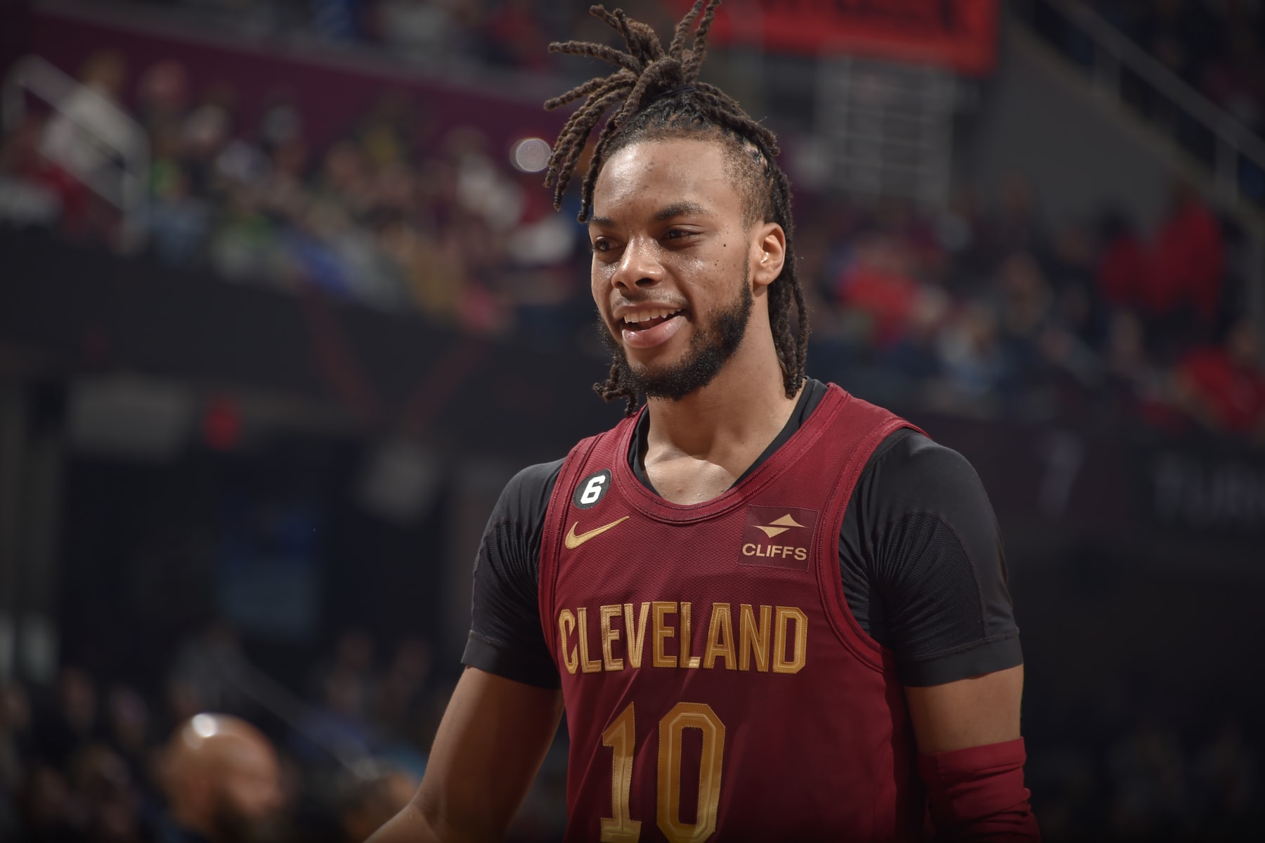 CLEVELAND, OH - MARCH 26: Darius Garland #10 of the Cleveland Cavaliers smiles during the game against the Houston Rockets on March 26, 2023 at Rocket Mortgage FieldHouse in Cleveland, Ohio. NOTE TO USER: User expressly acknowledges and agrees that, by downloading and/or using this Photograph, user is consenting to the terms and conditions of the Getty Images License Agreement. Mandatory Copyright Notice: Copyright 2023 NBAE (Photo by David Liam Kyle/NBAE via Getty Images)
