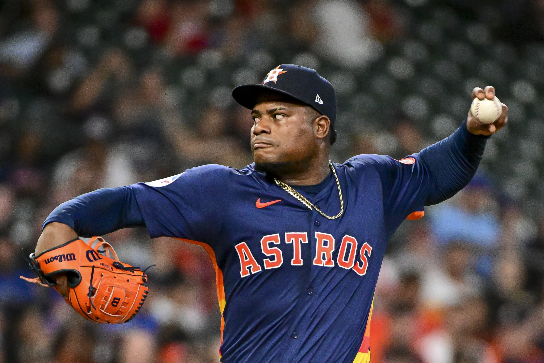 HOUSTON, TEXAS - APRIL 02: Framber Valdez #59 of the Houston Astros pitches in the second inning against the Toronto Blue Jays at Minute Maid Park on April 02, 2024 in Houston, Texas. (Photo by Logan Riely/Getty Images)