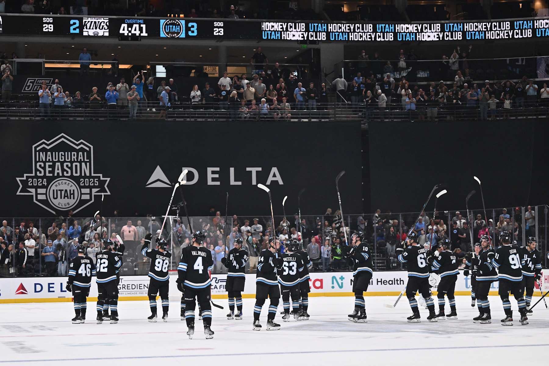 SALT LAKE CITY, UTAH - SEPTEMBER 23: The Utah Hockey Club salutes the fans after defeating the Los Angeles Kings in overtime in a preseason game on September 23, 2024 at Delta Center in Salt Lake City, Utah. (Photo by Jamie Sabau/Getty Images)