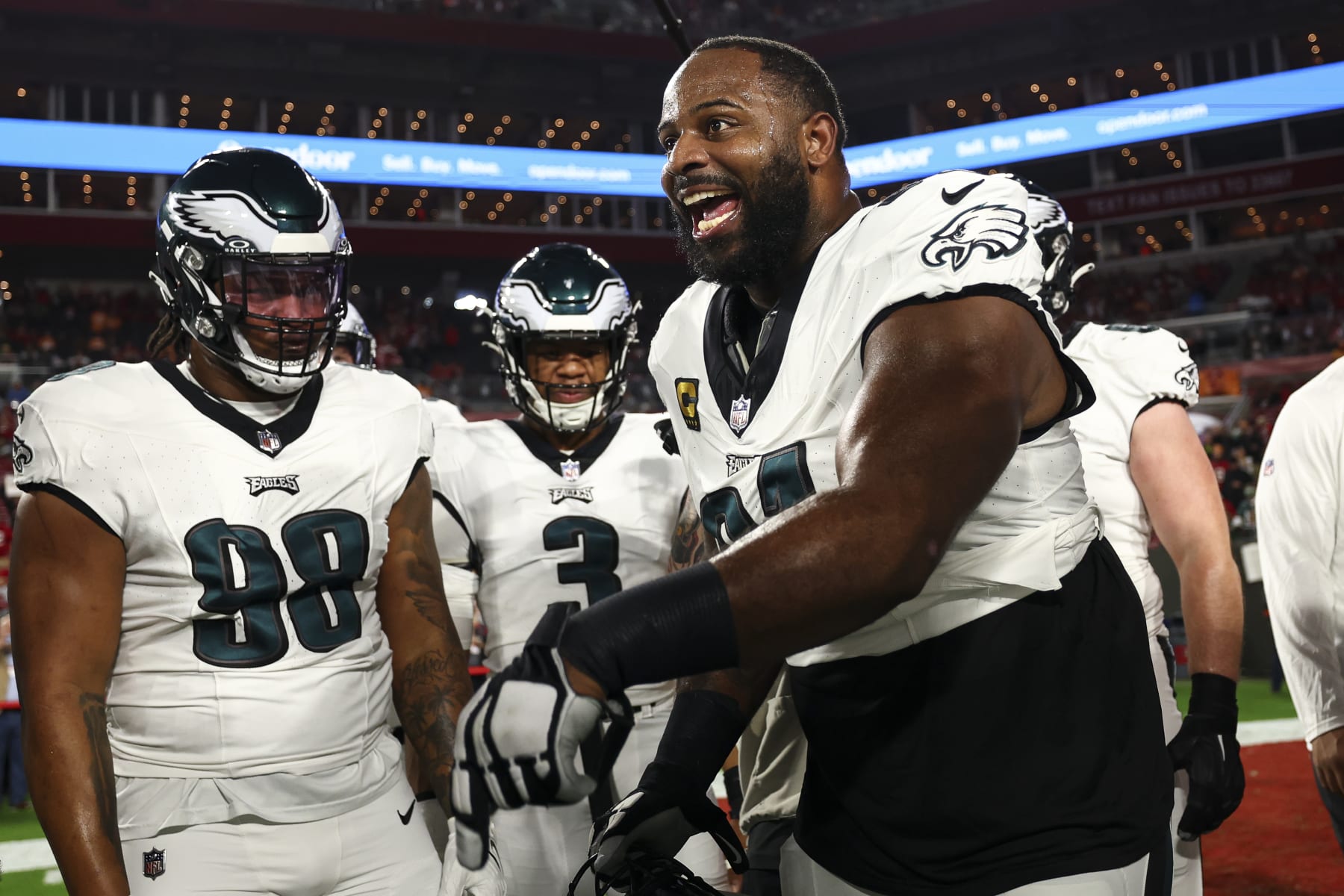 TAMPA, FL - JANUARY 15: Fletcher Cox #91 of the Philadelphia Eagles gives a speech in the team huddle prior to an NFL wild-card playoff football game against the Tampa Bay Buccaneers at Raymond James Stadium on January 15, 2024 in Tampa, Florida. (Photo by Kevin Sabitus/Getty Images)