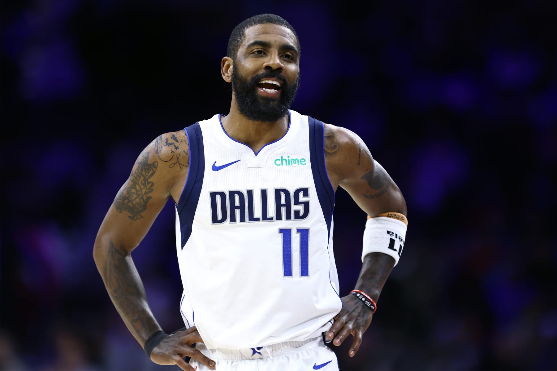 PHILADELPHIA, PENNSYLVANIA - FEBRUARY 05: Kyrie Irving #11 of the Dallas Mavericks looks on during the first quarter against the Philadelphia 76ers  at the Wells Fargo Center on February 05, 2024 in Philadelphia, Pennsylvania. NOTE TO USER: User expressly acknowledges and agrees that, by downloading and or using this photograph, User is consenting to the terms and conditions of the Getty Images License Agreement. (Photo by Tim Nwachukwu/Getty Images)