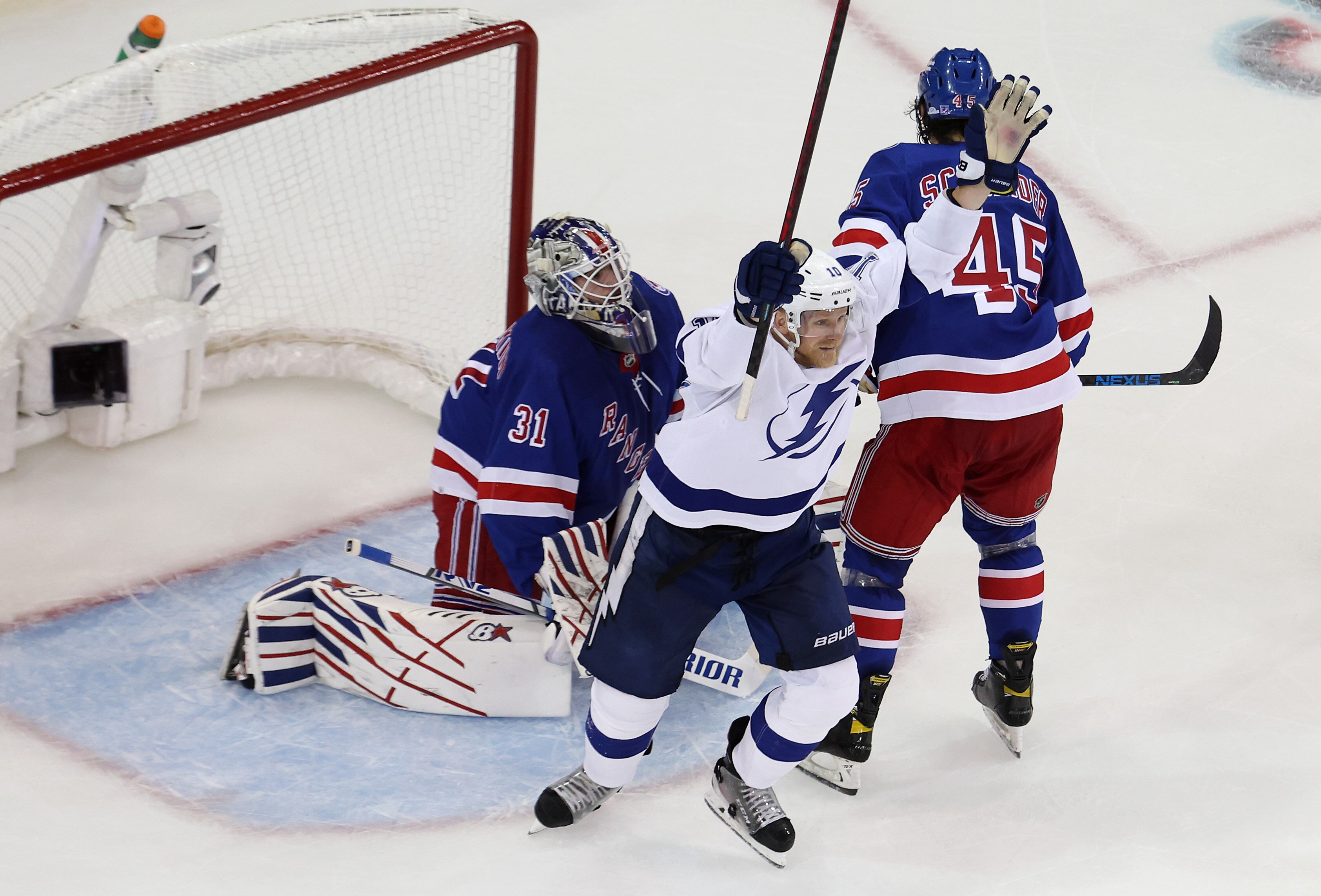 NEW YORK, NEW YORK - JUNE 09: Corey Perry #10 of the Tampa Bay Lightning celebrates after a second period goal by Mikhail Sergachev #98 (not pictured) in Game Five of the Eastern Conference Final of the 2022 Stanley Cup Playoffs against the New York Rangers at Madison Square Garden on June 09, 2022 in New York City. (Photo by Al Bello/Getty Images)