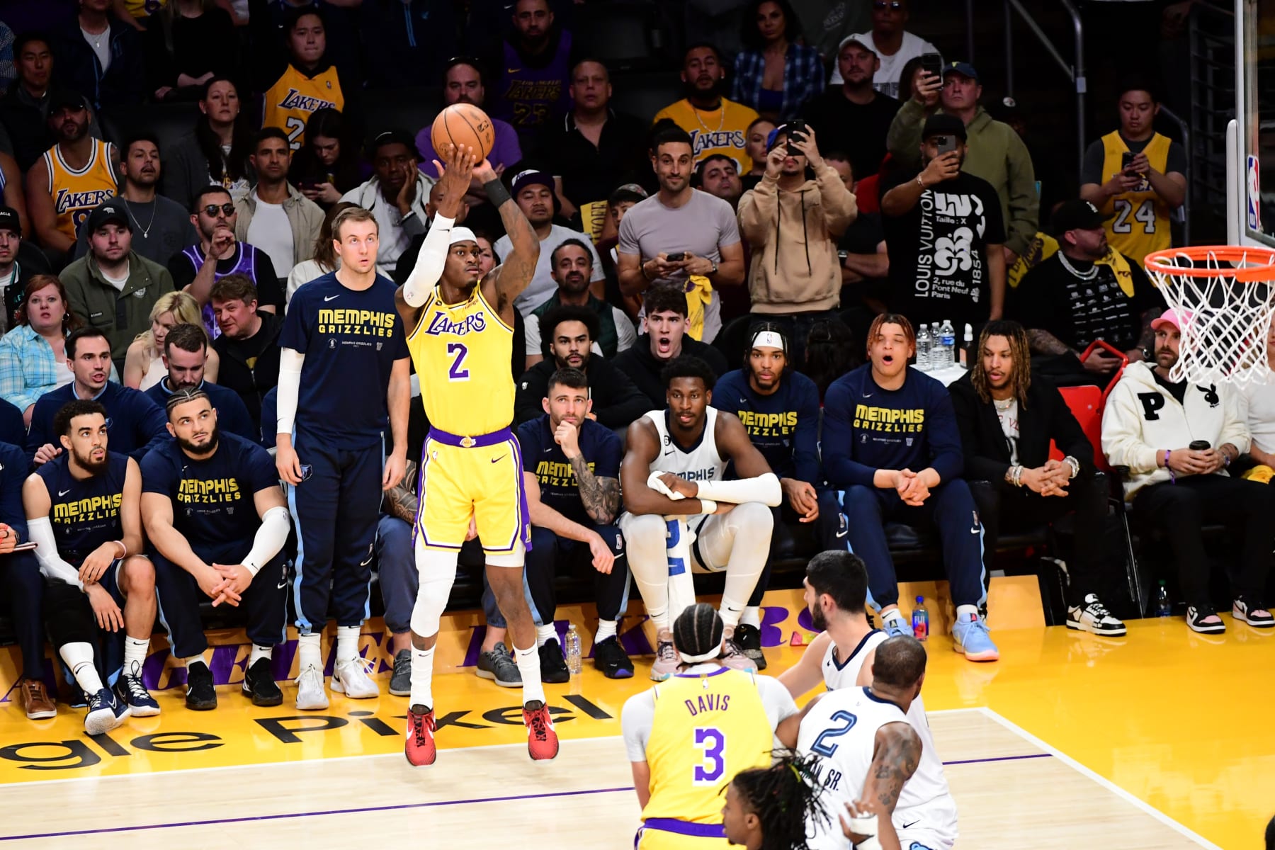 LOS ANGELES, CA - APRIL 24: Jarred Vanderbilt #2 of the Los Angeles Lakers shoots a three point basket during Round 1 Game 4 of the 2023 NBA Playoffs on April 24, 2023 at Crypto.Com Arena in Los Angeles, California. NOTE TO USER: User expressly acknowledges and agrees that, by downloading and/or using this Photograph, user is consenting to the terms and conditions of the Getty Images License Agreement. Mandatory Copyright Notice: Copyright 2023 NBAE (Photo by Adam Pantozzi/NBAE via Getty Images)