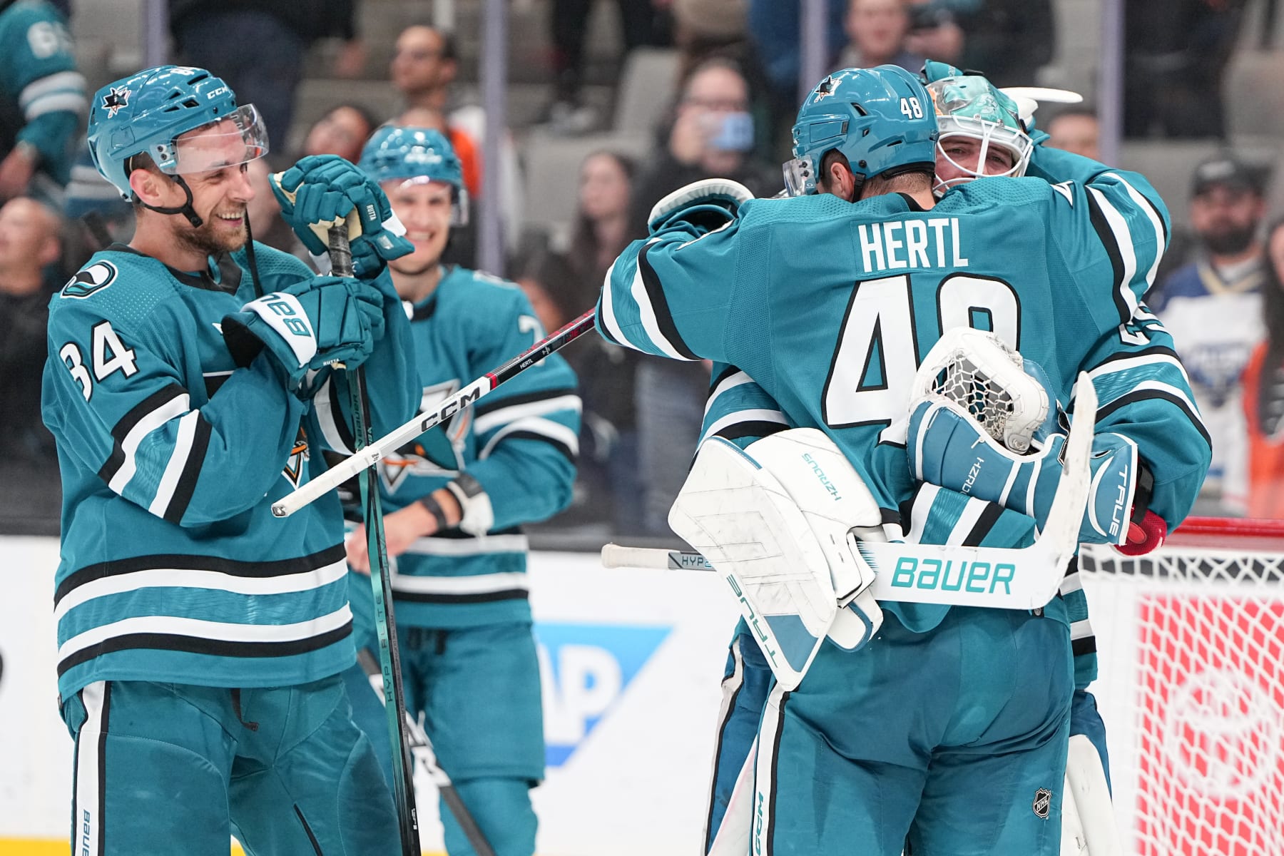 SAN JOSE, CALIFORNIA - NOVEMBER 7: The San Jose Sharks celebrate their first win of the season against the Philadelphia Flyers at SAP Center on November 7, 2023 in San Jose, California. (Photo by Andreea Cardani/NHLI via Getty Images)