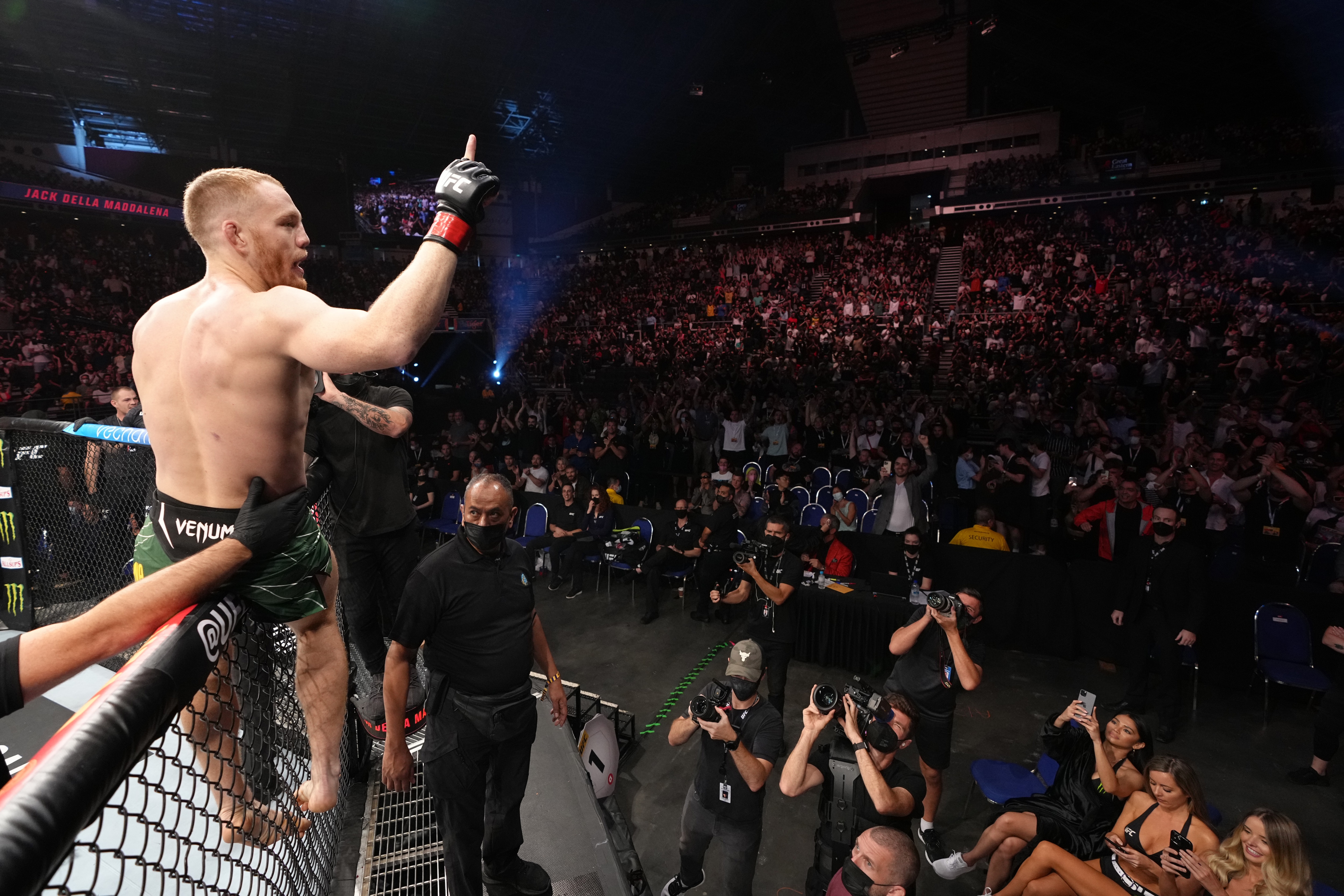 SINGAPORE, SINGAPORE - JUNE 12: Jack Della Maddalena of Australia celebrates after his TKO victory over Ramazan Emeev of Russia in a welterweight fight during the UFC 275 event at Singapore Indoor Stadium on June 12, 2022 in Singapore. (Photo by Jeff Bottari/Zuffa LLC)