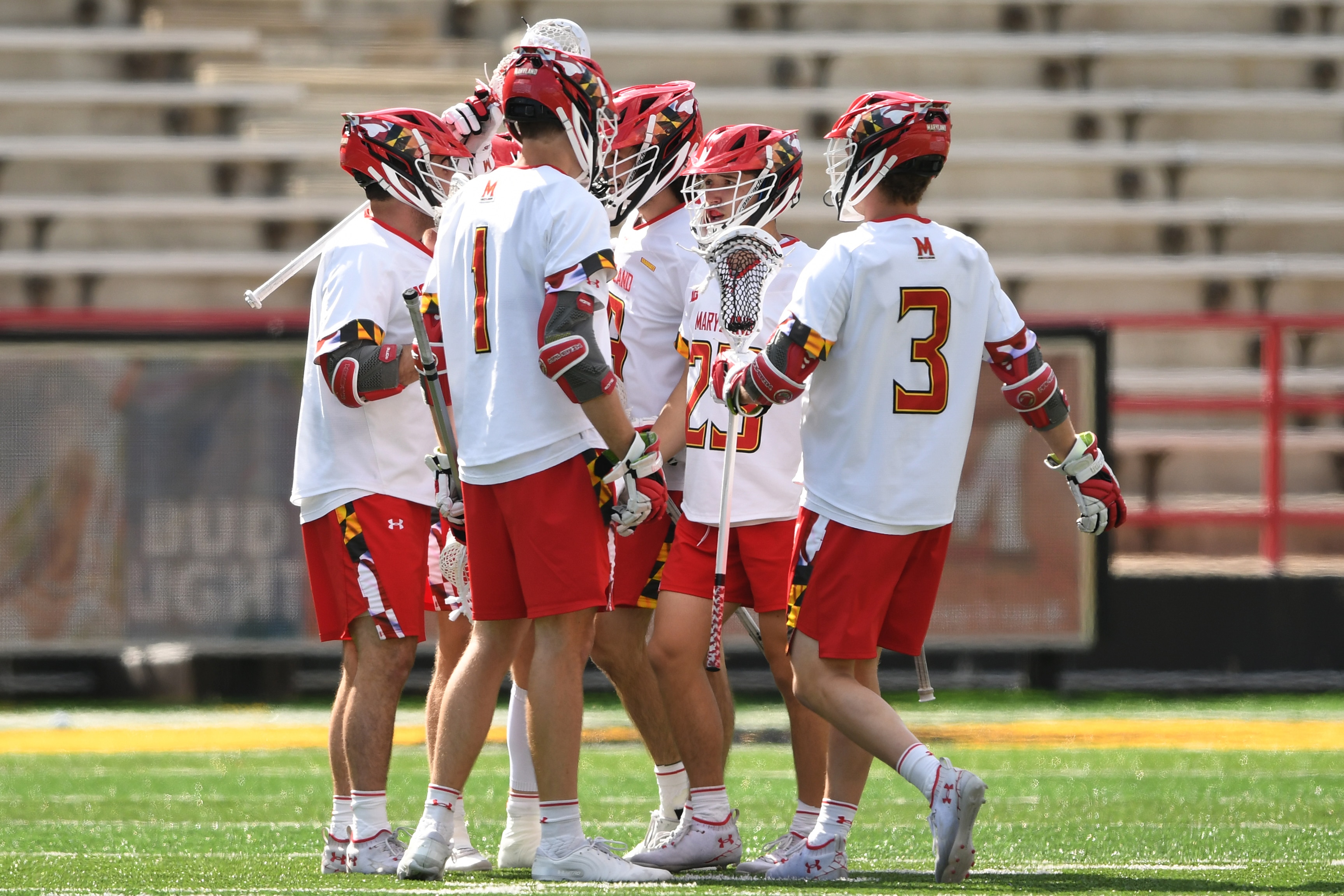 COLLEGE PARK, MD - APRIL 16:  The Maryland Terrapins looks to the ball during a college lacrosse game against the Ohio State Buckeyes at Capital One Field at Maryland Stadium on April 16, 2022 in College Park, Maryland.  (Photo by Mitchell Layton/Getty Images)