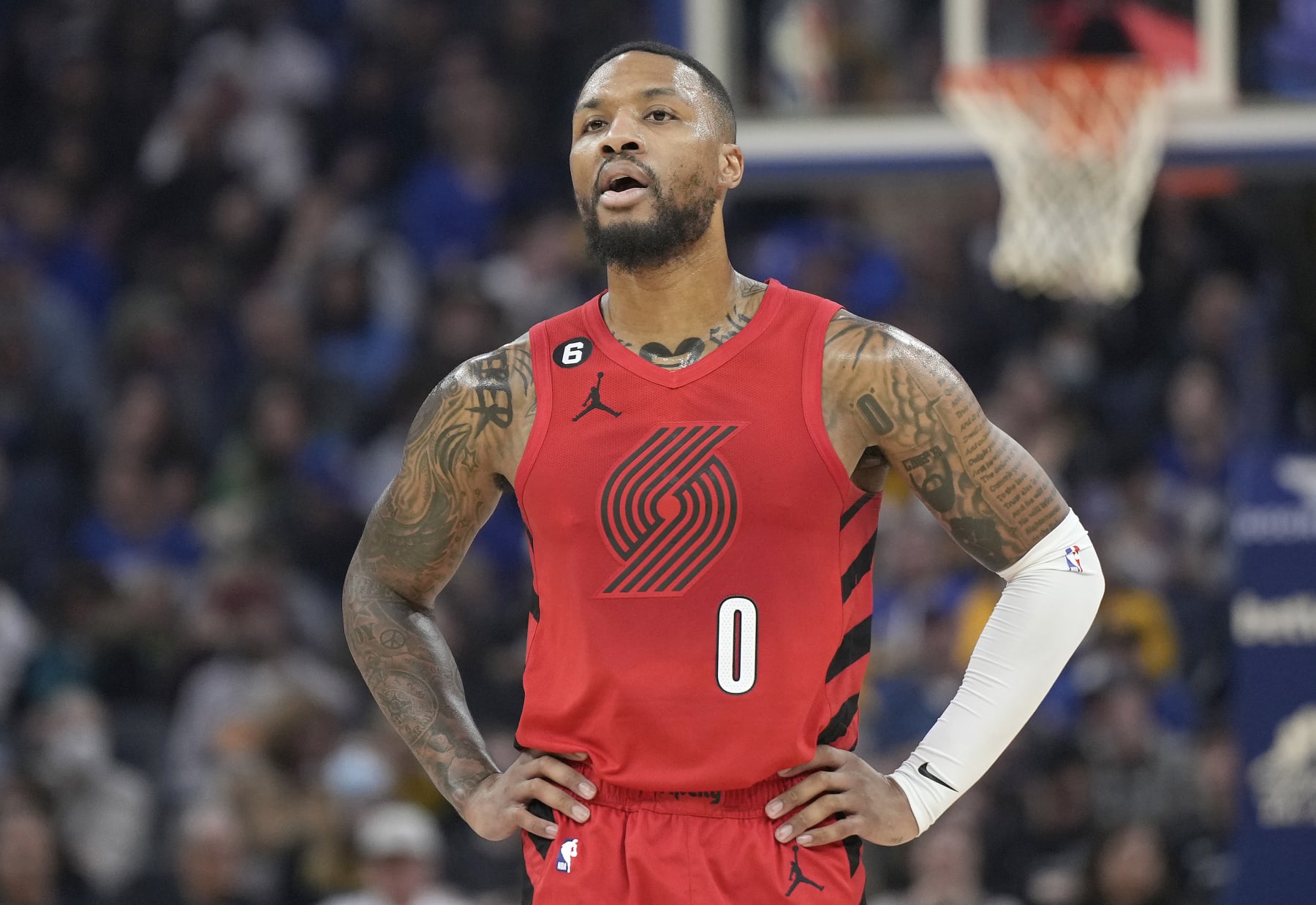 SAN FRANCISCO, CALIFORNIA - DECEMBER 30: Damian Lillard #0 of the Portland Trail Blazers looks on against the Golden State Warriors during the first quarter of an NBA basketball game at Chase Center on December 30, 2022 in San Francisco, California. NOTE TO USER: User expressly acknowledges and agrees that, by downloading and or using this photograph, User is consenting to the terms and conditions of the Getty Images License Agreement. (Photo by Thearon W. Henderson/Getty Images)